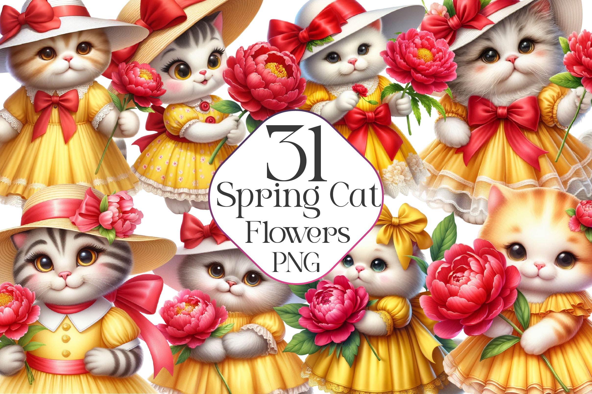 Cat Spring Flowers Clipart Bundle