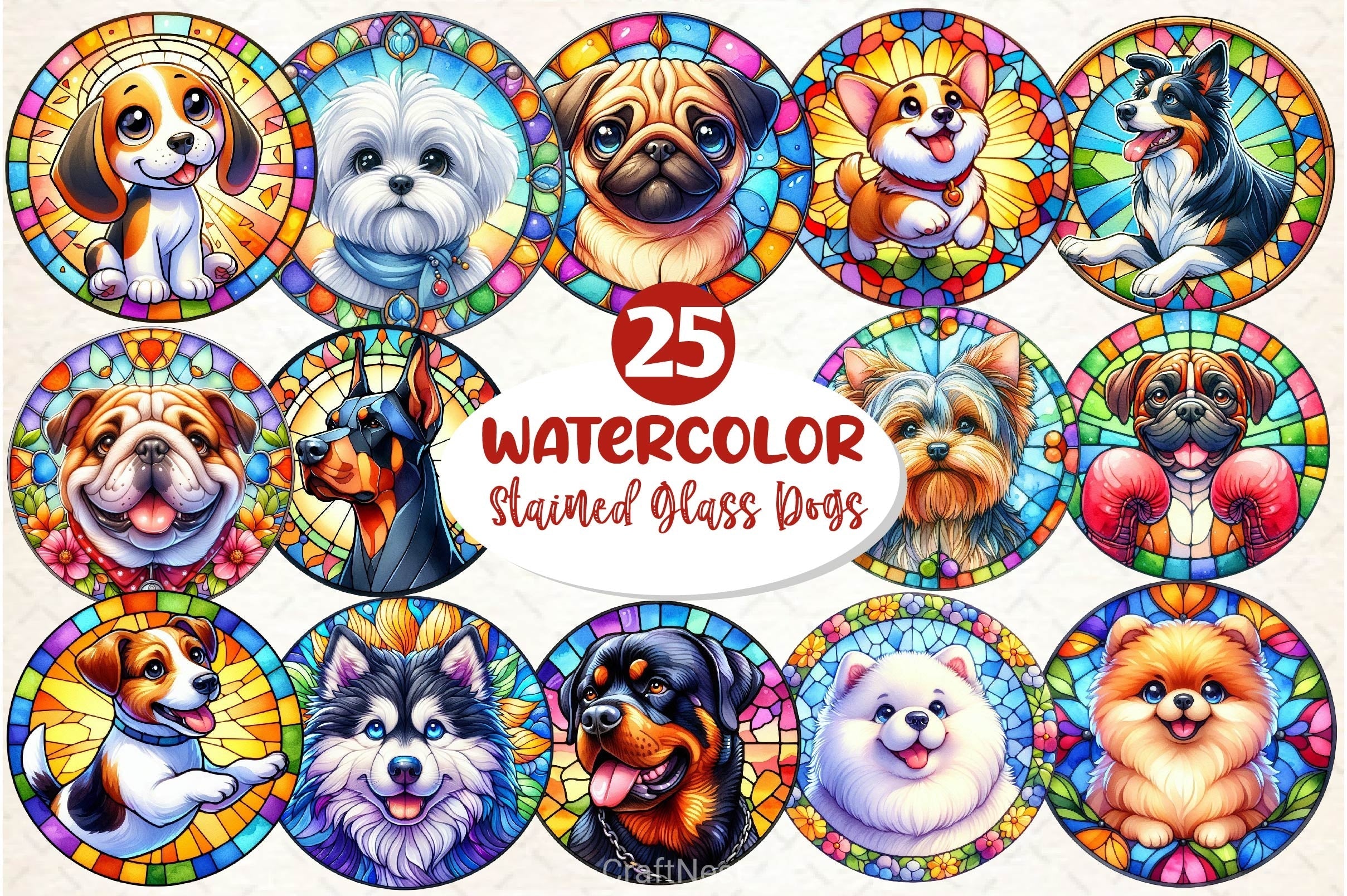 Round Stained Glass Dogs Clipart Bundle