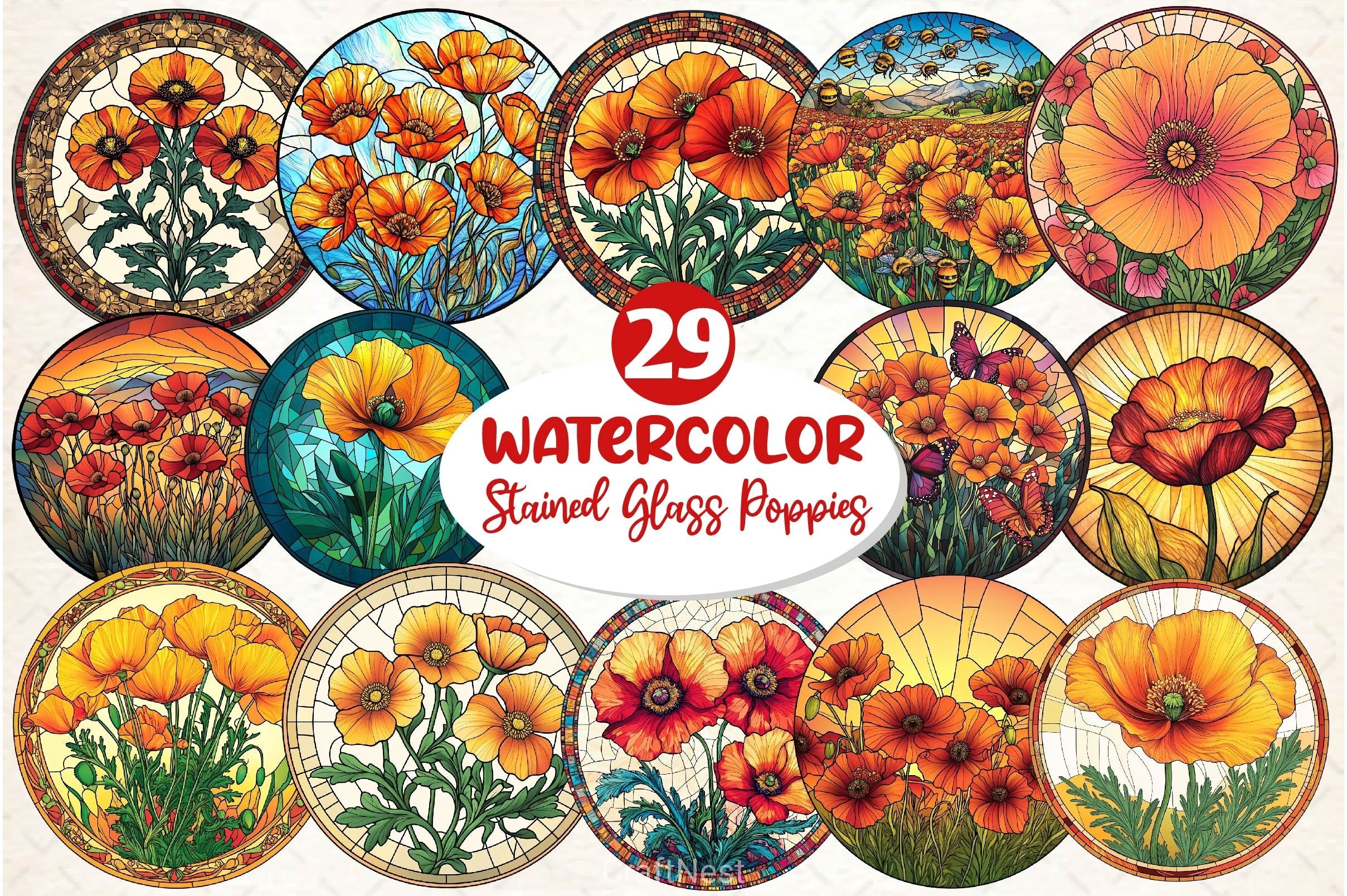 Stained Glass California Poppies Clipart Bundle