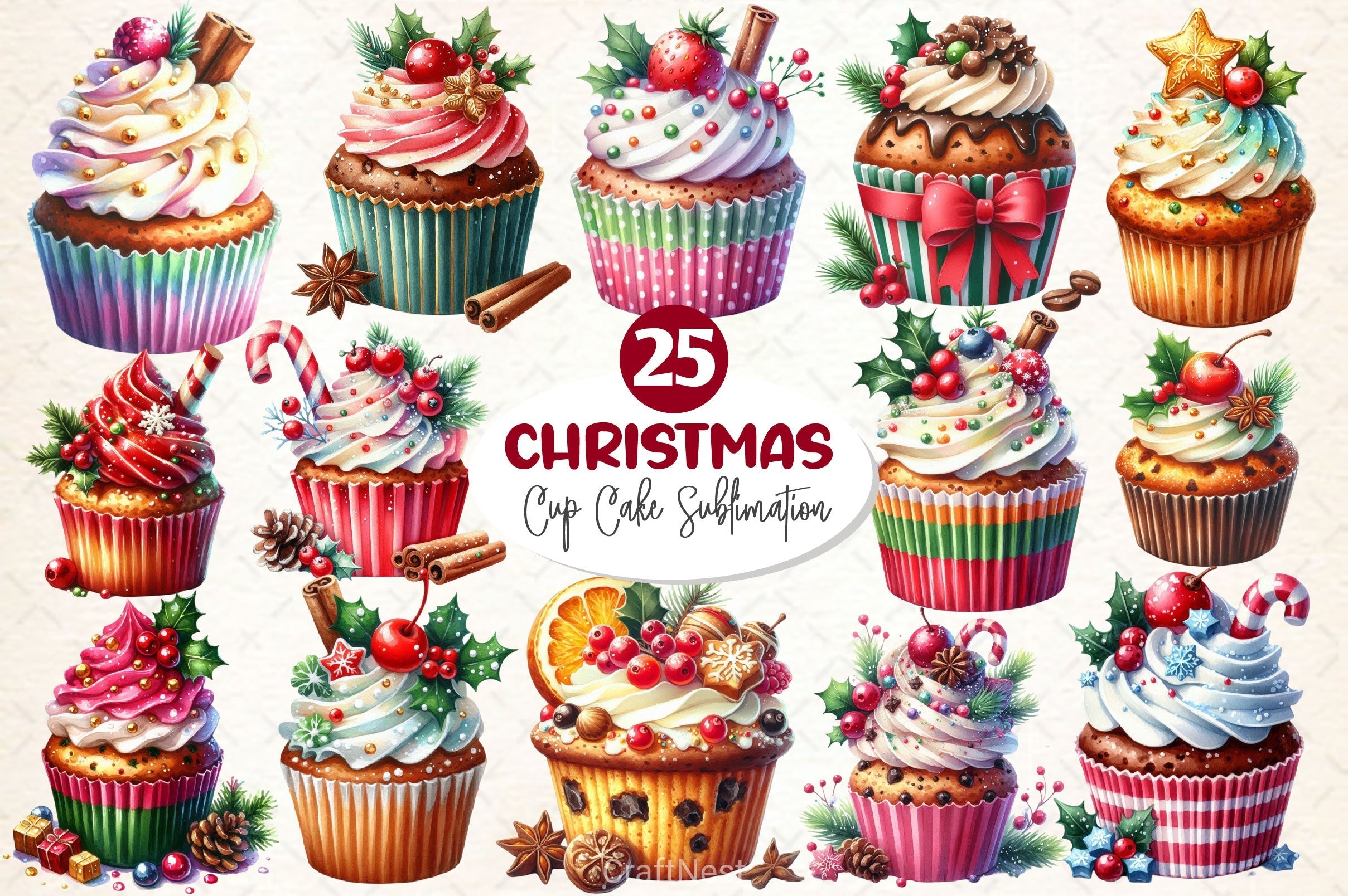 Christmas Cupcake Vintage Cupcake Clipart Bundle