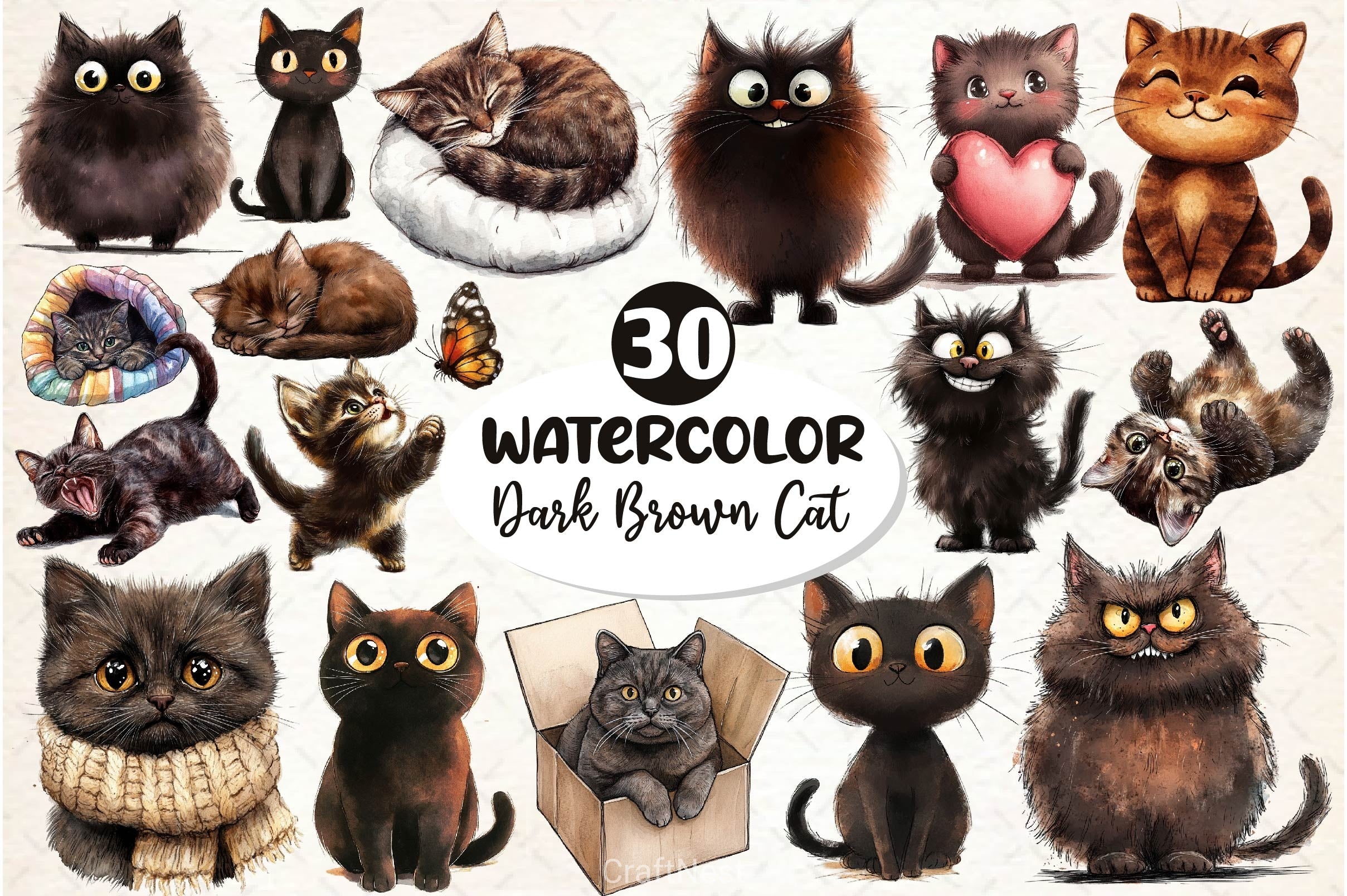 Cute Dark Brown Cat Clipart Bundle