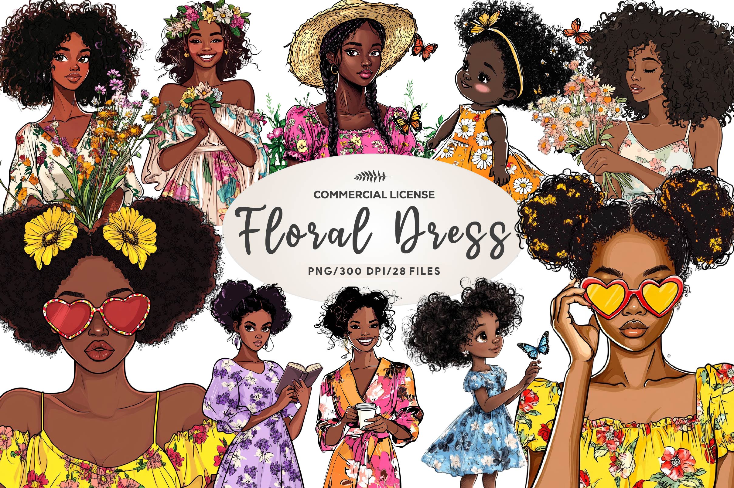 Floral Dress Black Girls Clipart Bundle
