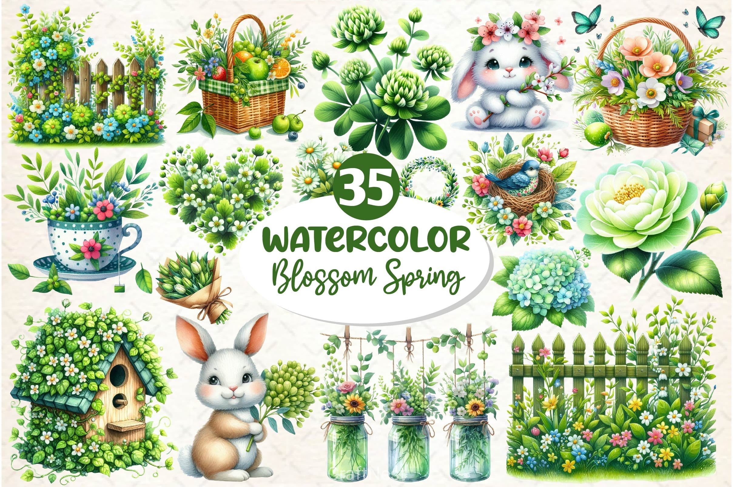 Green Blossom Spring Clipart Bundle 2
