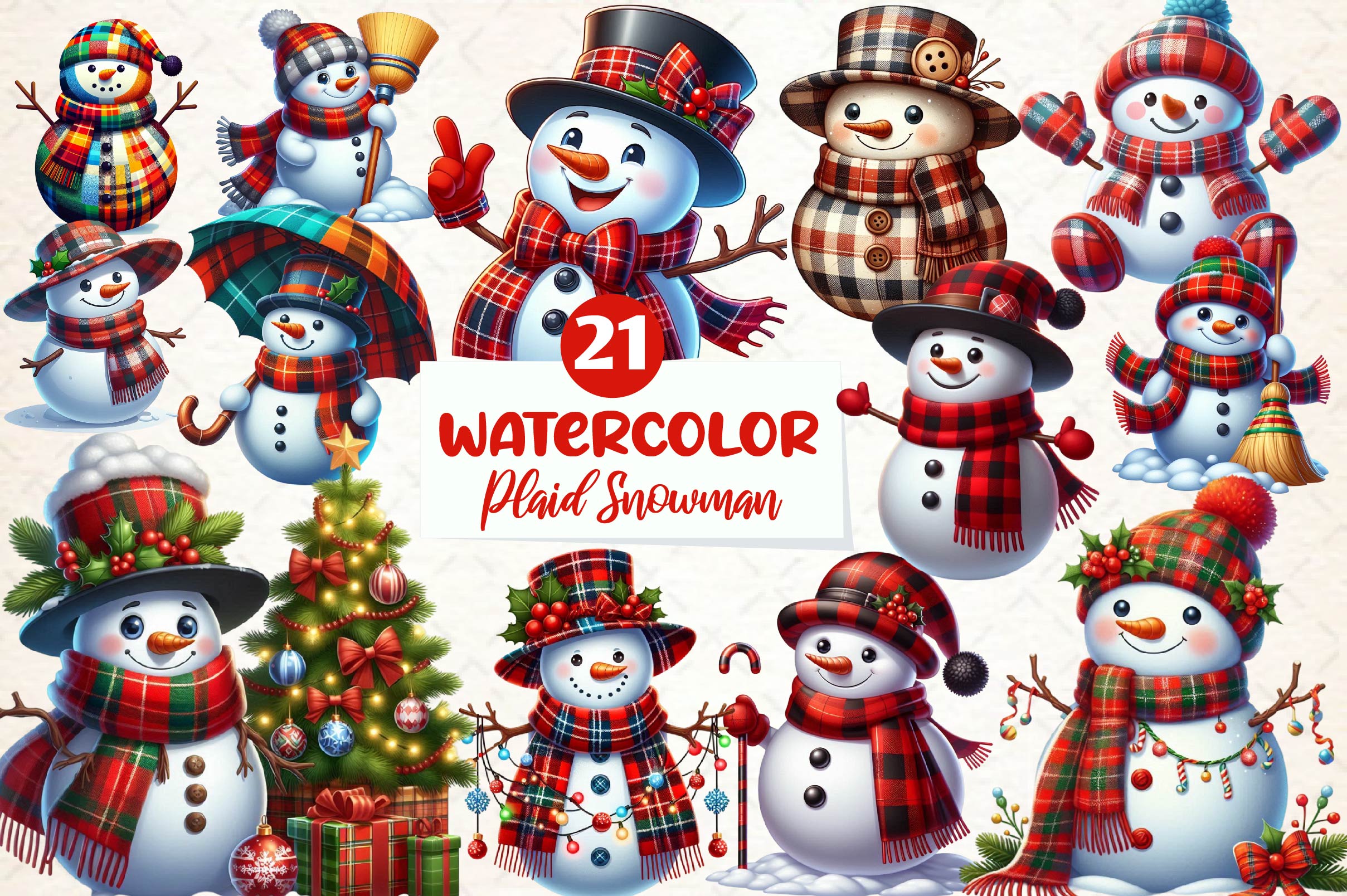 Plaid Pattern Snowman Clipart Bundle