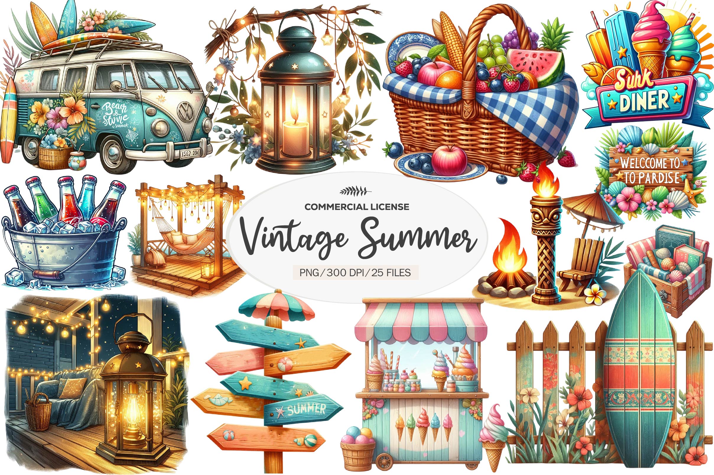 Vintage Summer Decorations Clipart Bundle