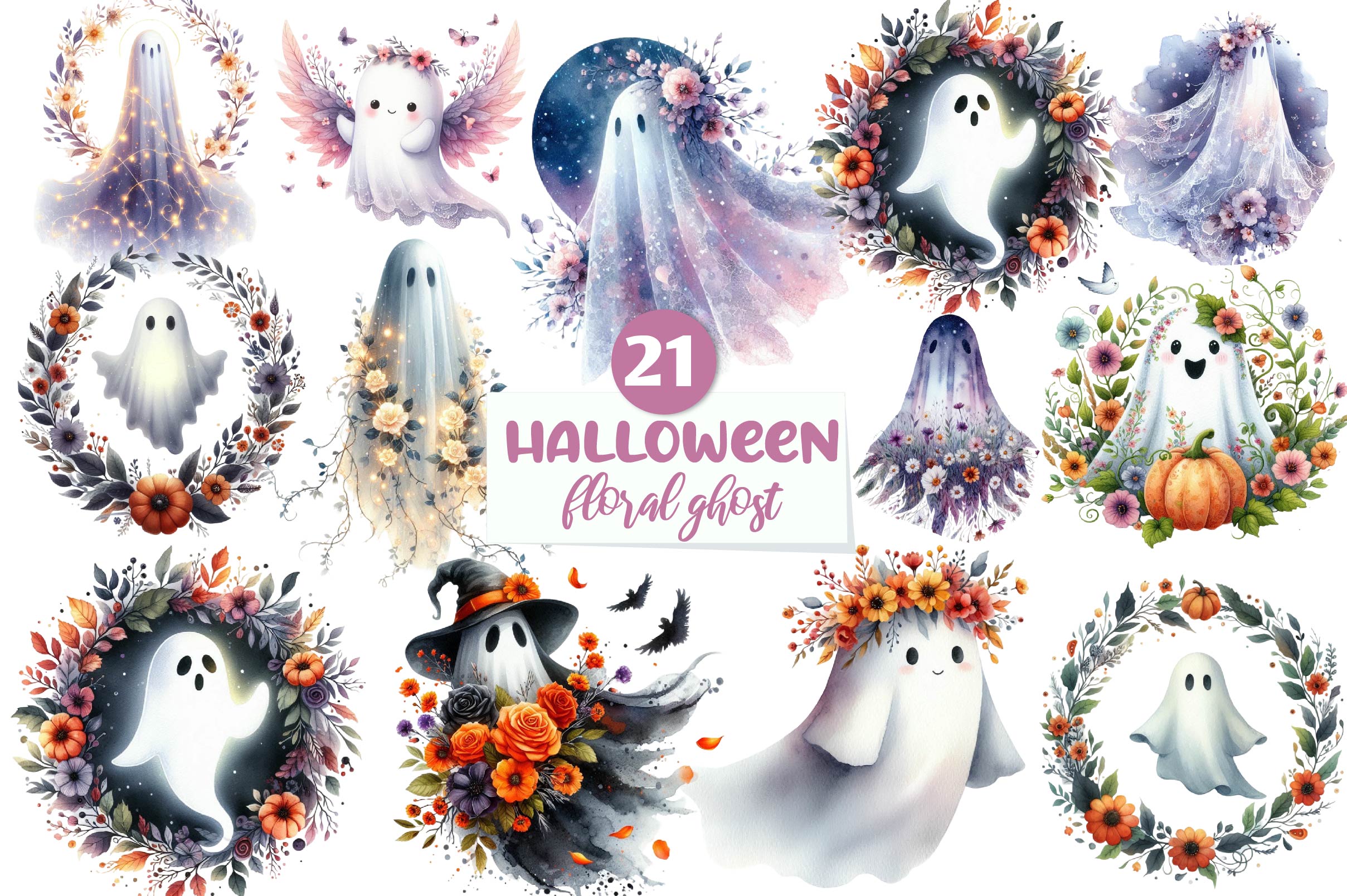 Halloween Floral Ghost Clipart Bundle