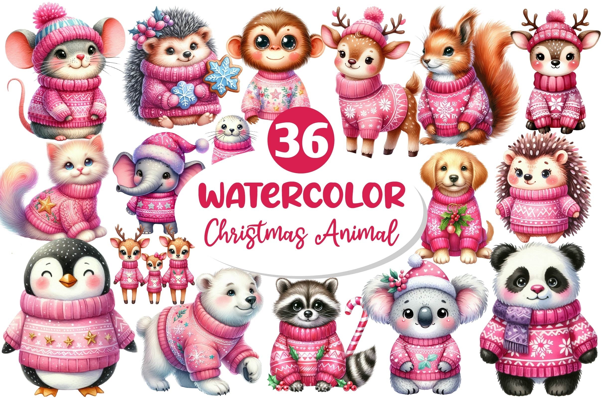 Pink Animals Christmas Clipart Bundle