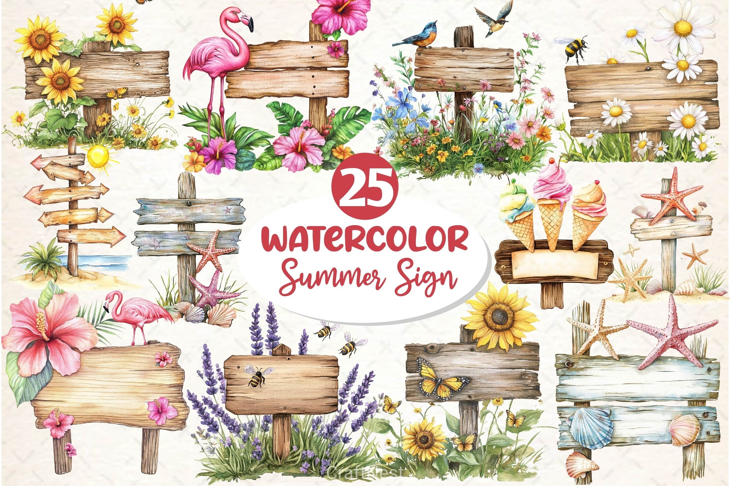 Summer Day Wooden Sign Clipart Bundle