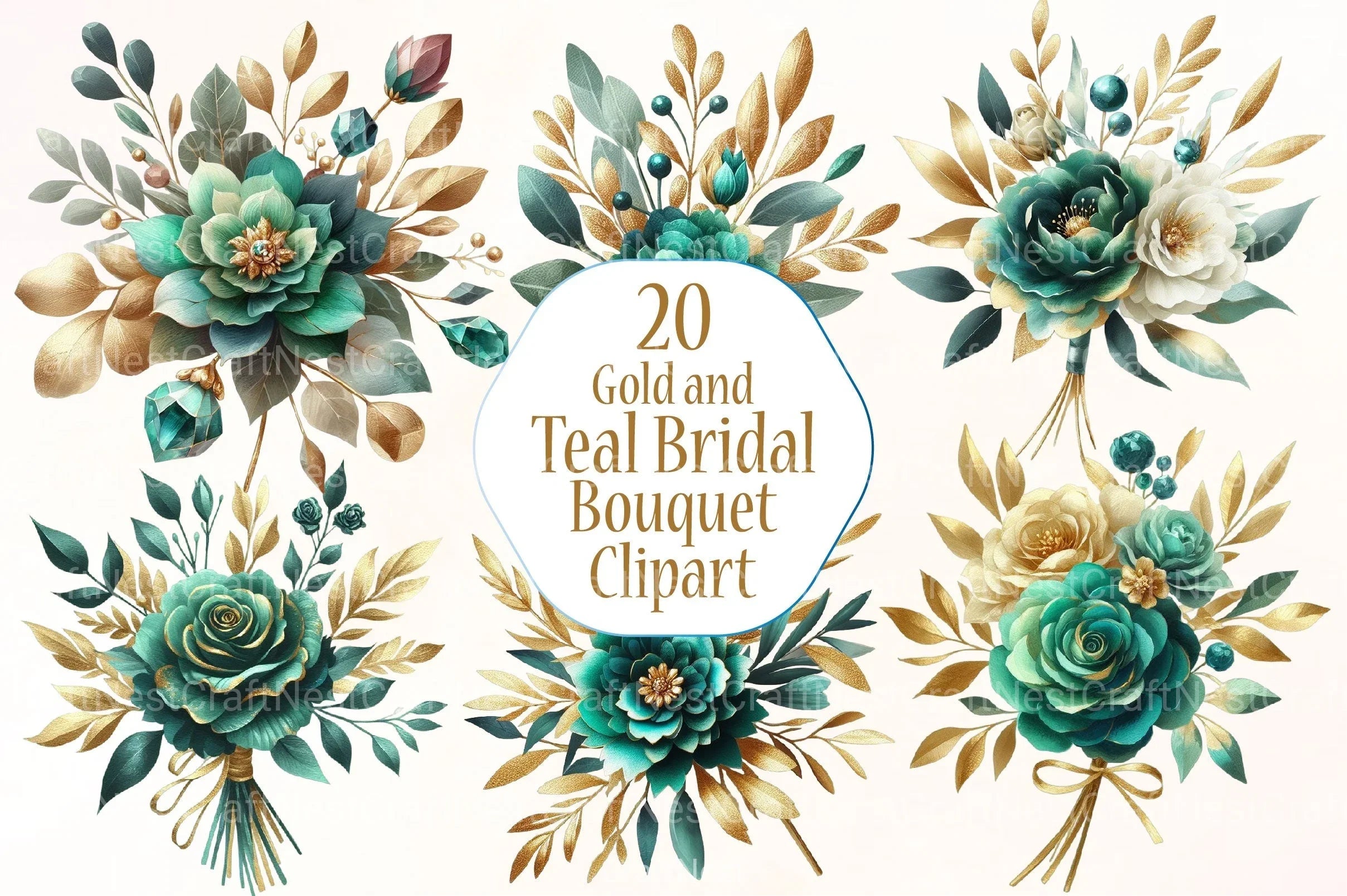 Gold and Teal Bridal Bouquet Clipart Bundle - CraftNest - Digital Crafting and Art