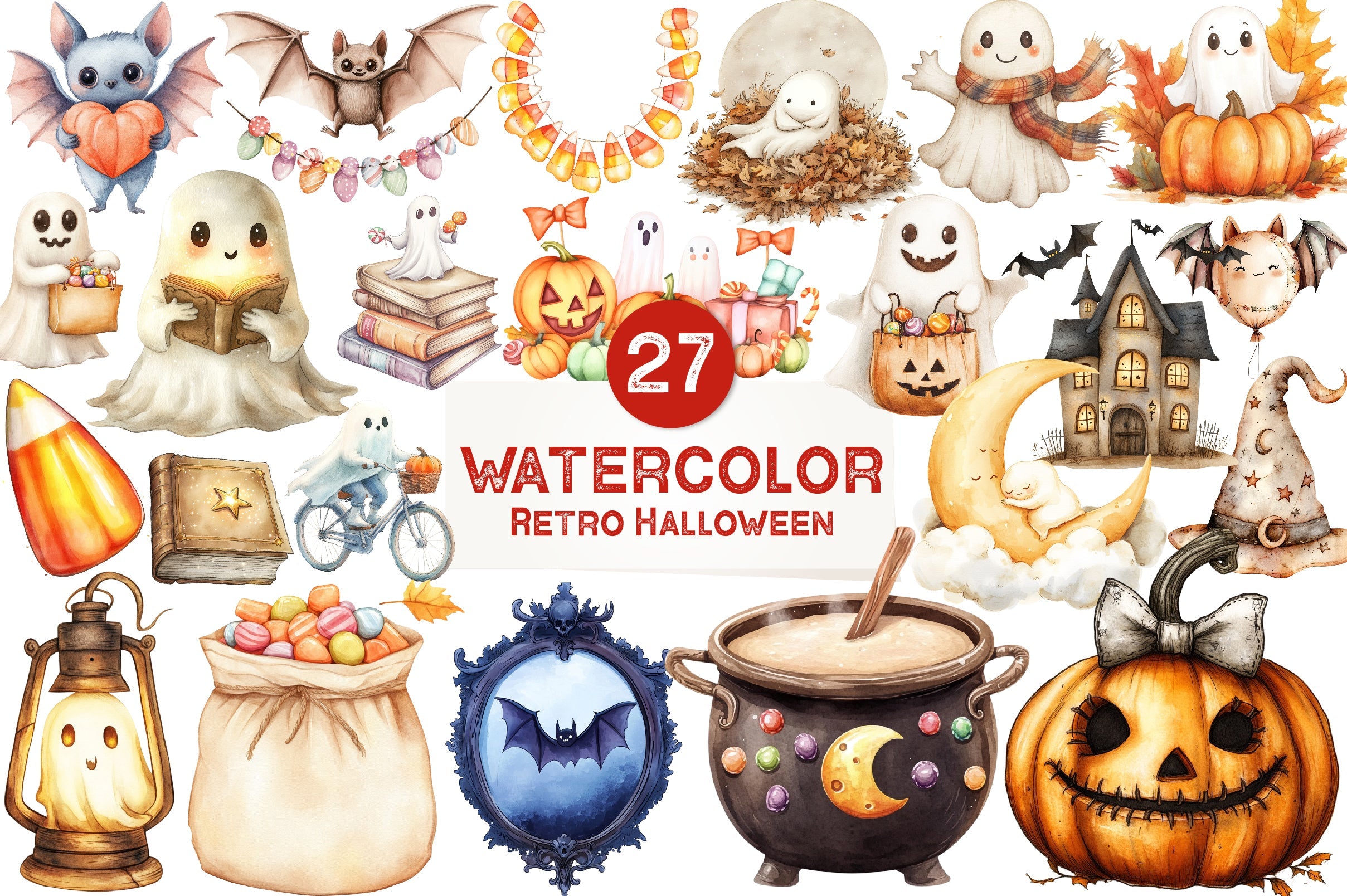 Beige Retro Halloween Collection Clipart Bundle
