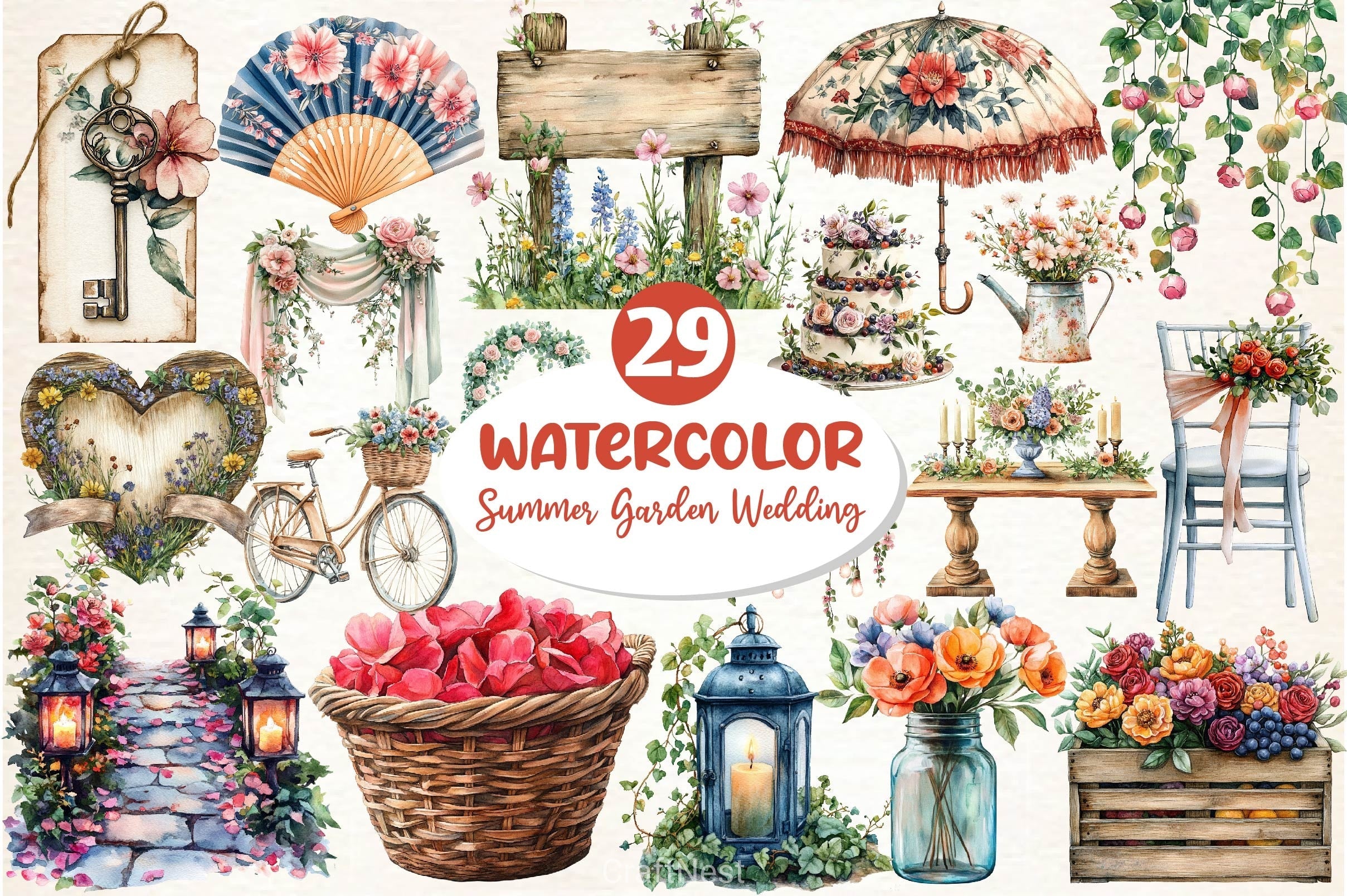 Summer Garden Wedding Set Clipart Bundle
