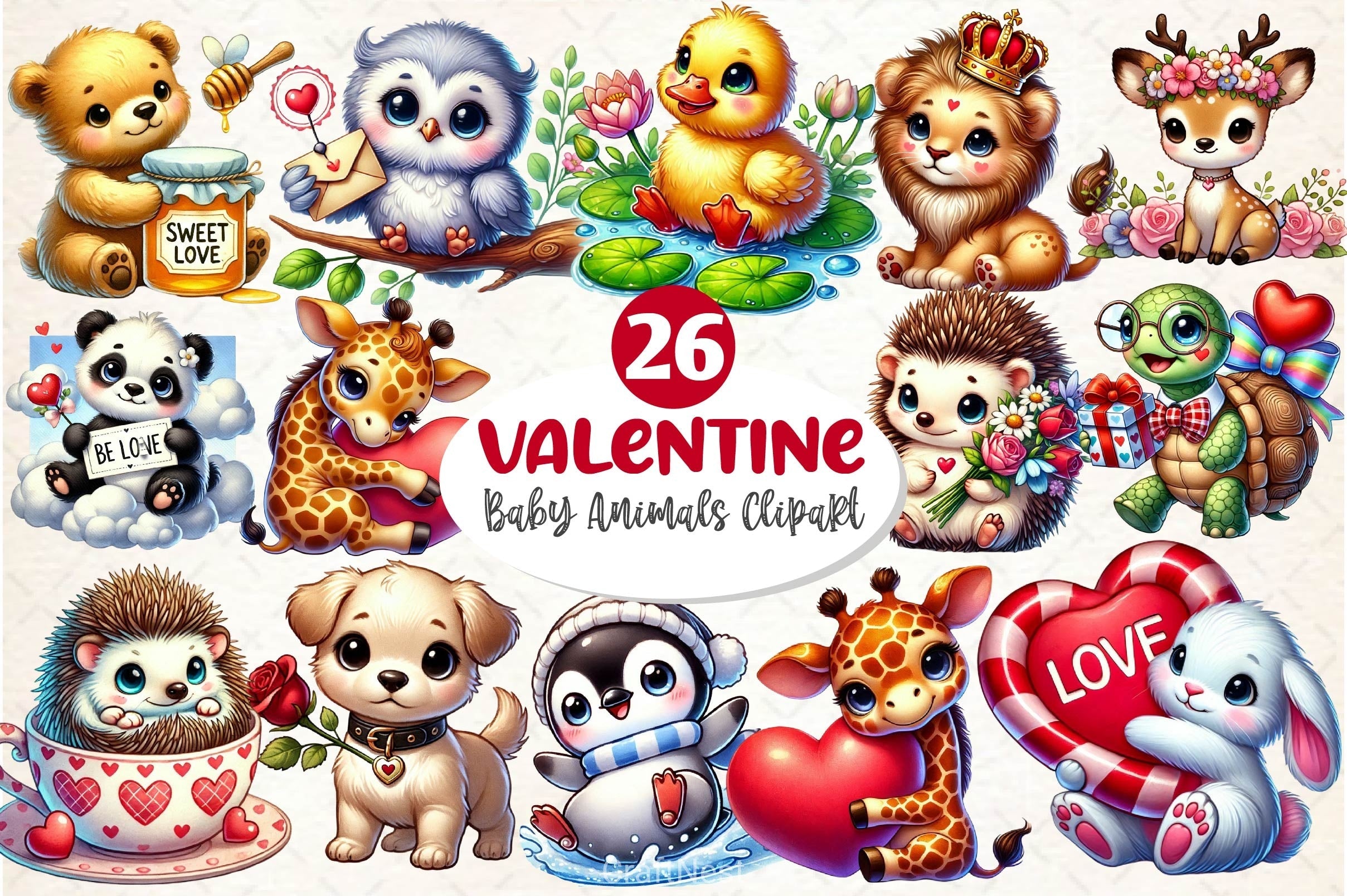 Valentine Baby Animals Clipart Bundle