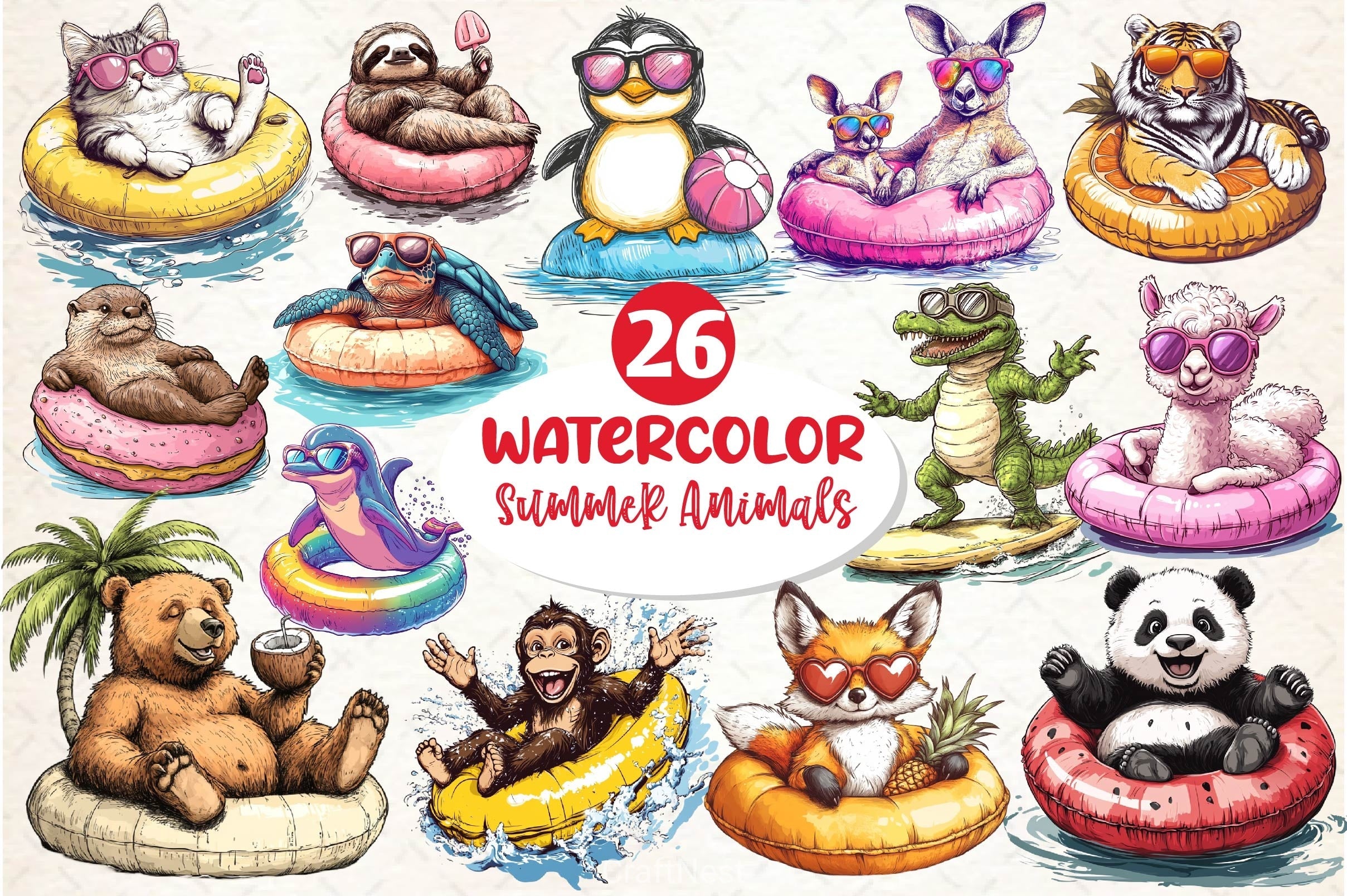 Summer Animals On Float Clipart Bundle 7