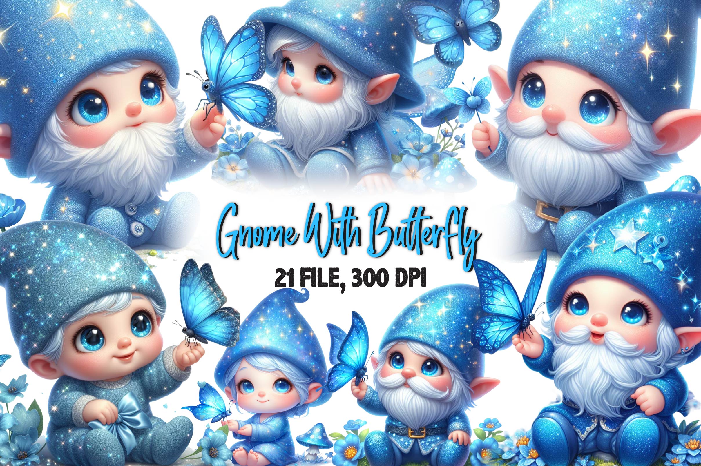 Cute Gnome With Butterfly Clipart Bundle