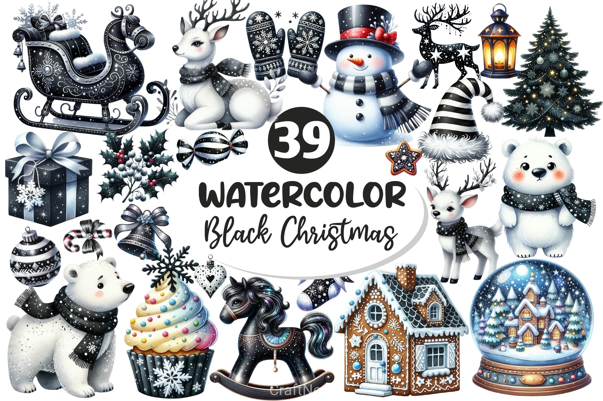 Black And White Christmas Clipart Bundle 2