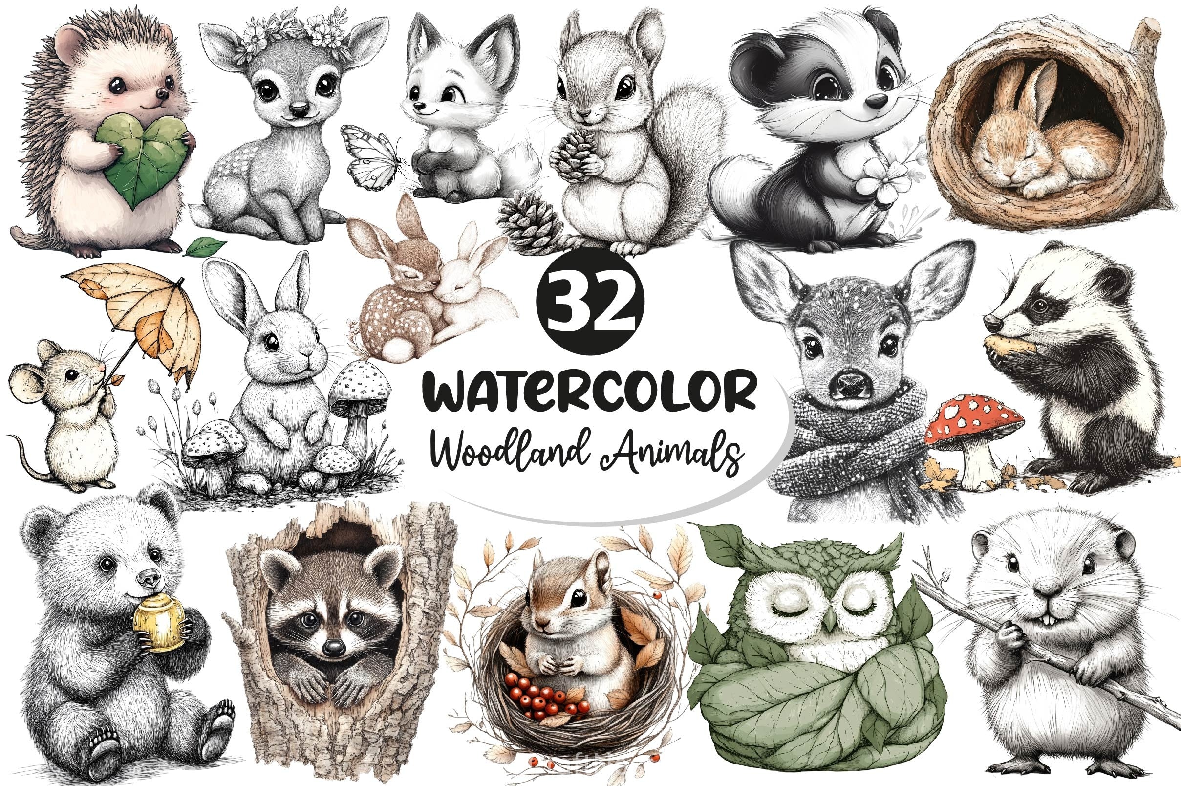 Woodland Cute Baby Animals Clipart Bundle