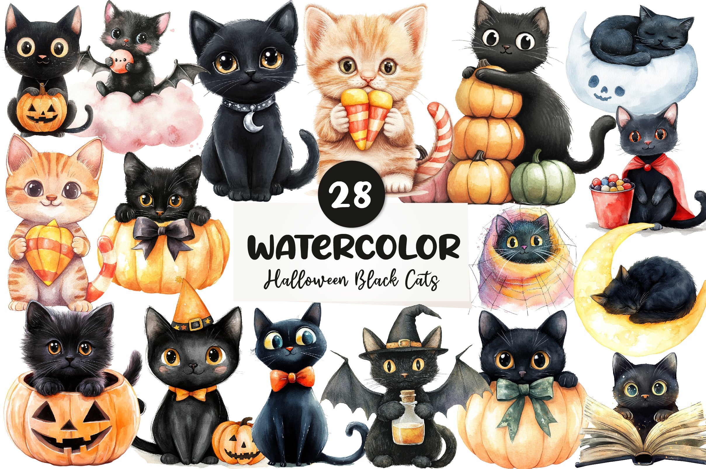Cute Halloween Black Cats Clipart Bundle