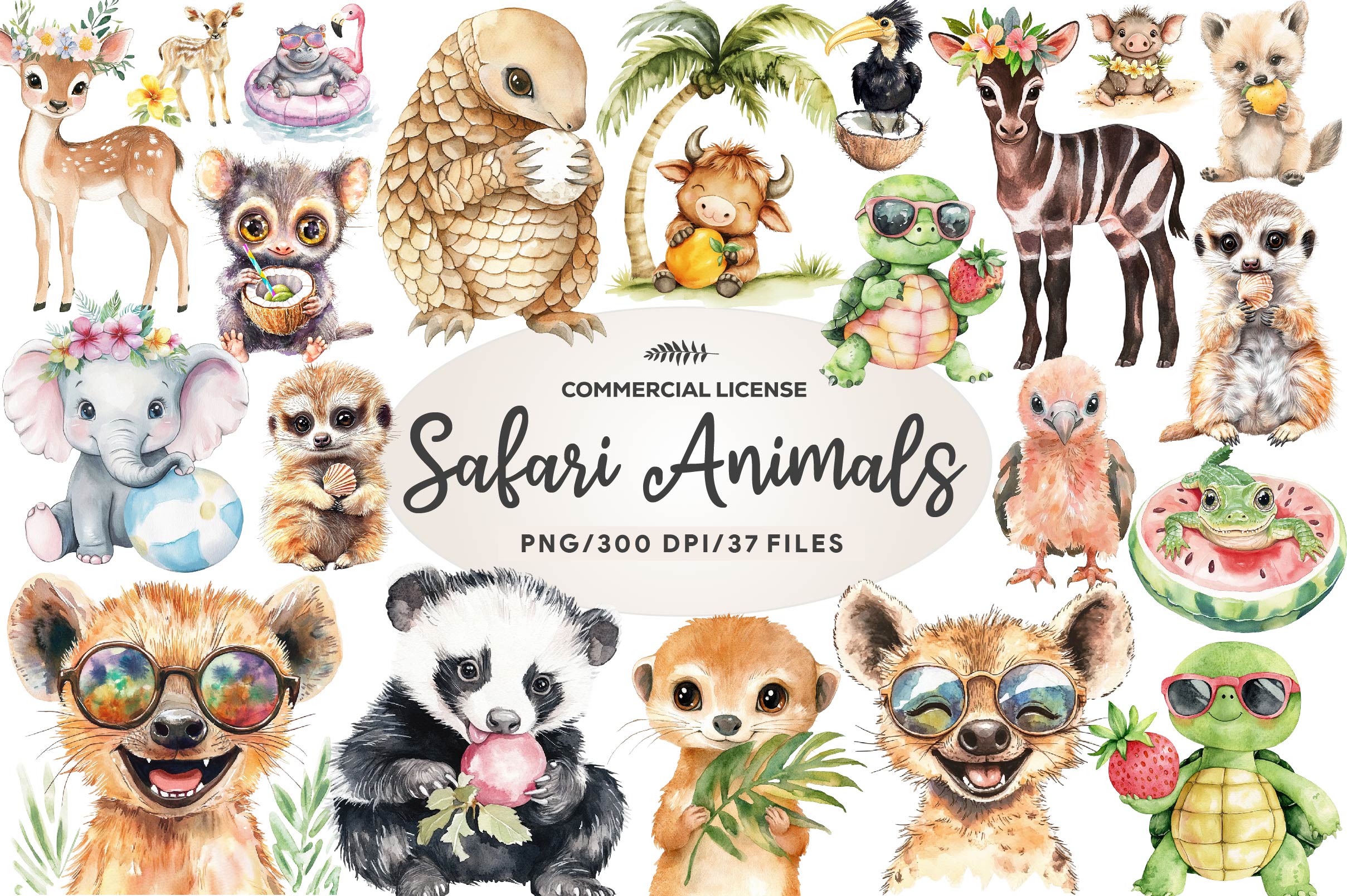 Cute Summer Safari Animals Clipart Bundle
