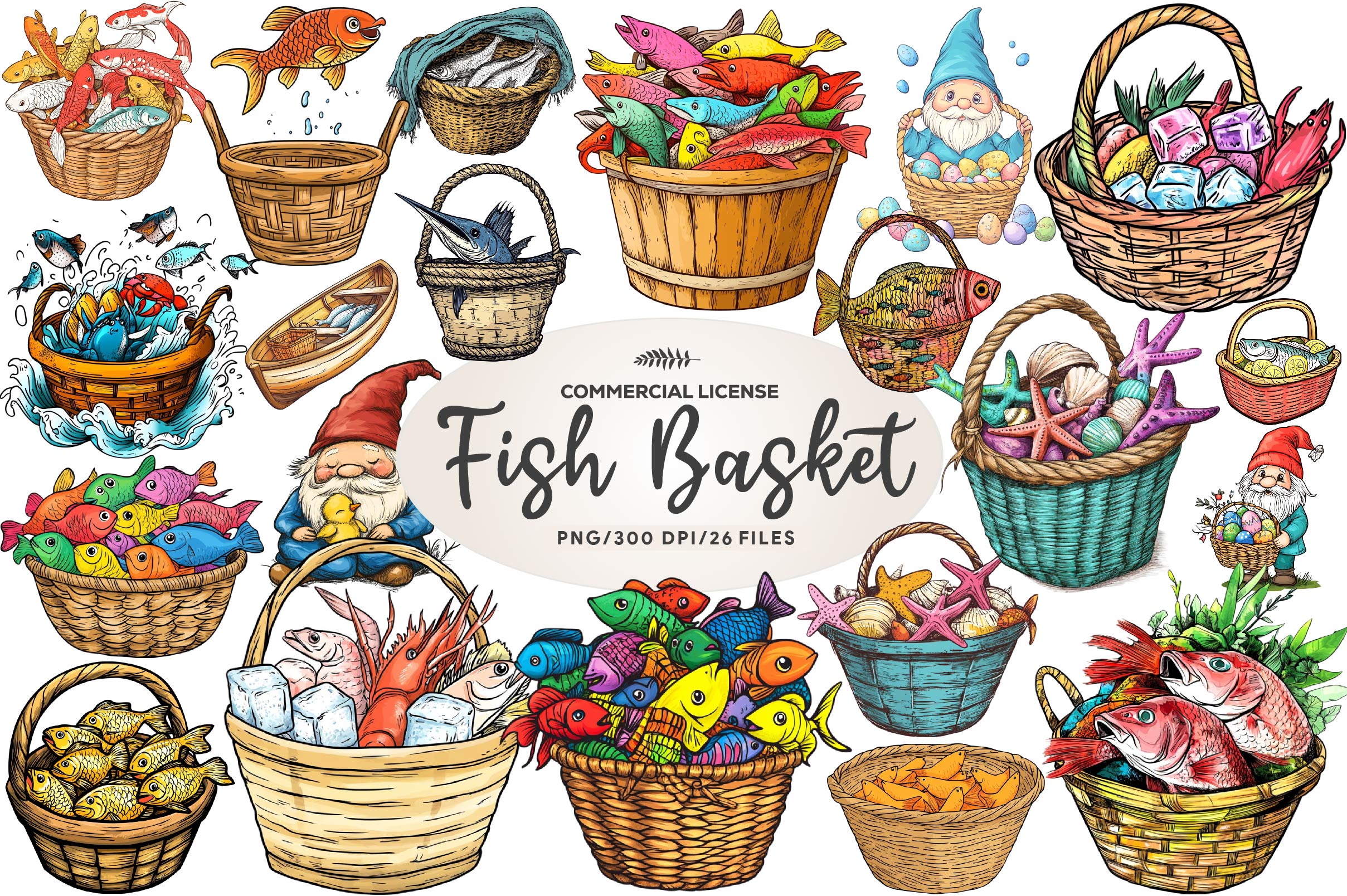 Summer Fish Basket Clipart Bundle