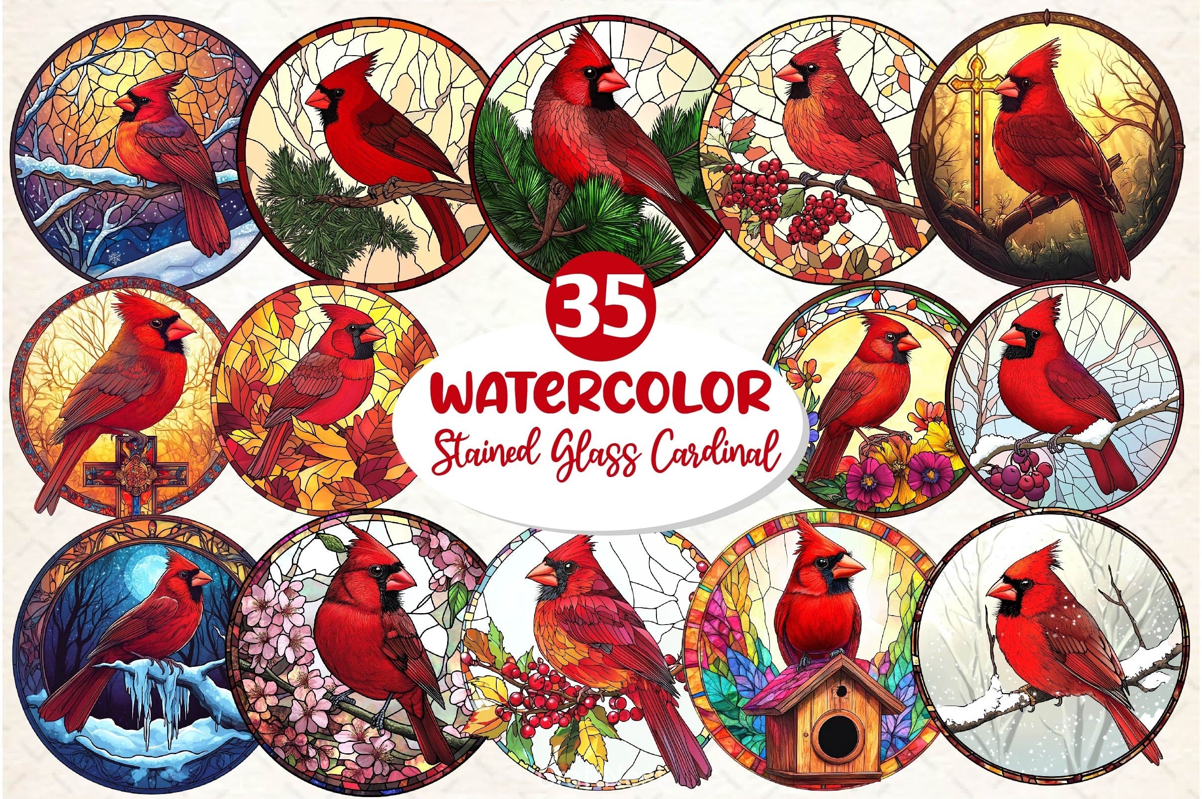 Stained Glass Cardinal Bird Wind Spinner Clipart Bundle
