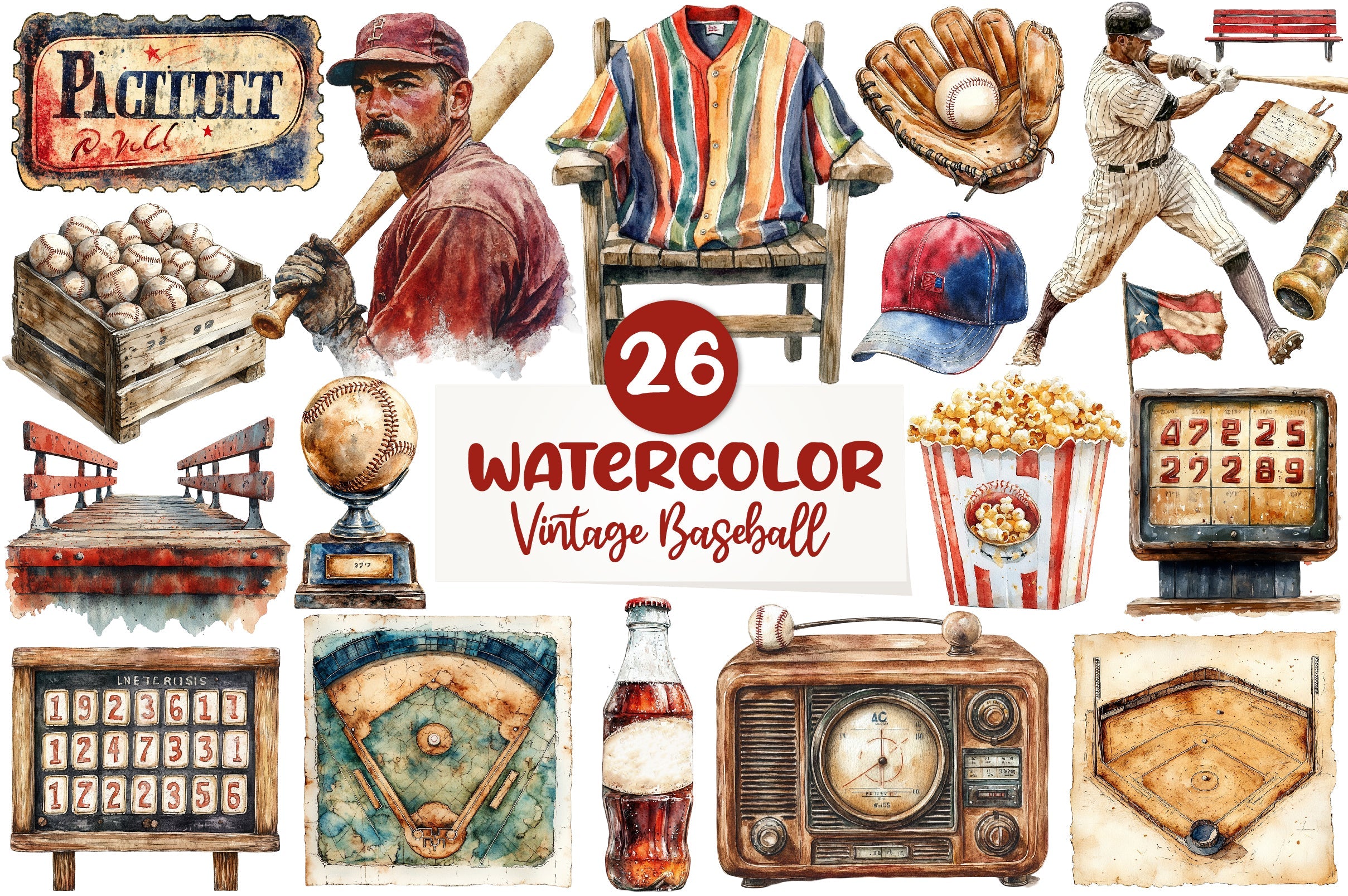Vintage Baseball Game Day Clipart Bundle