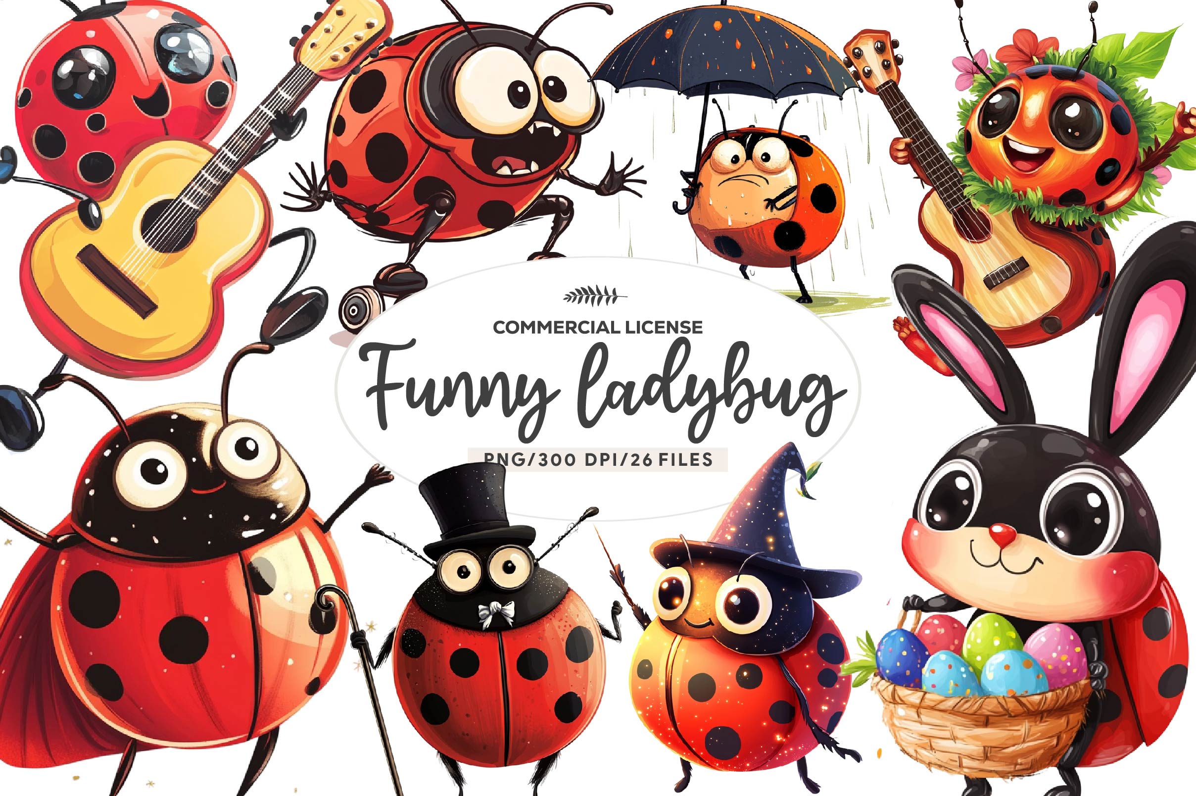 Quirky Funny Ladybug Clipart Bundle