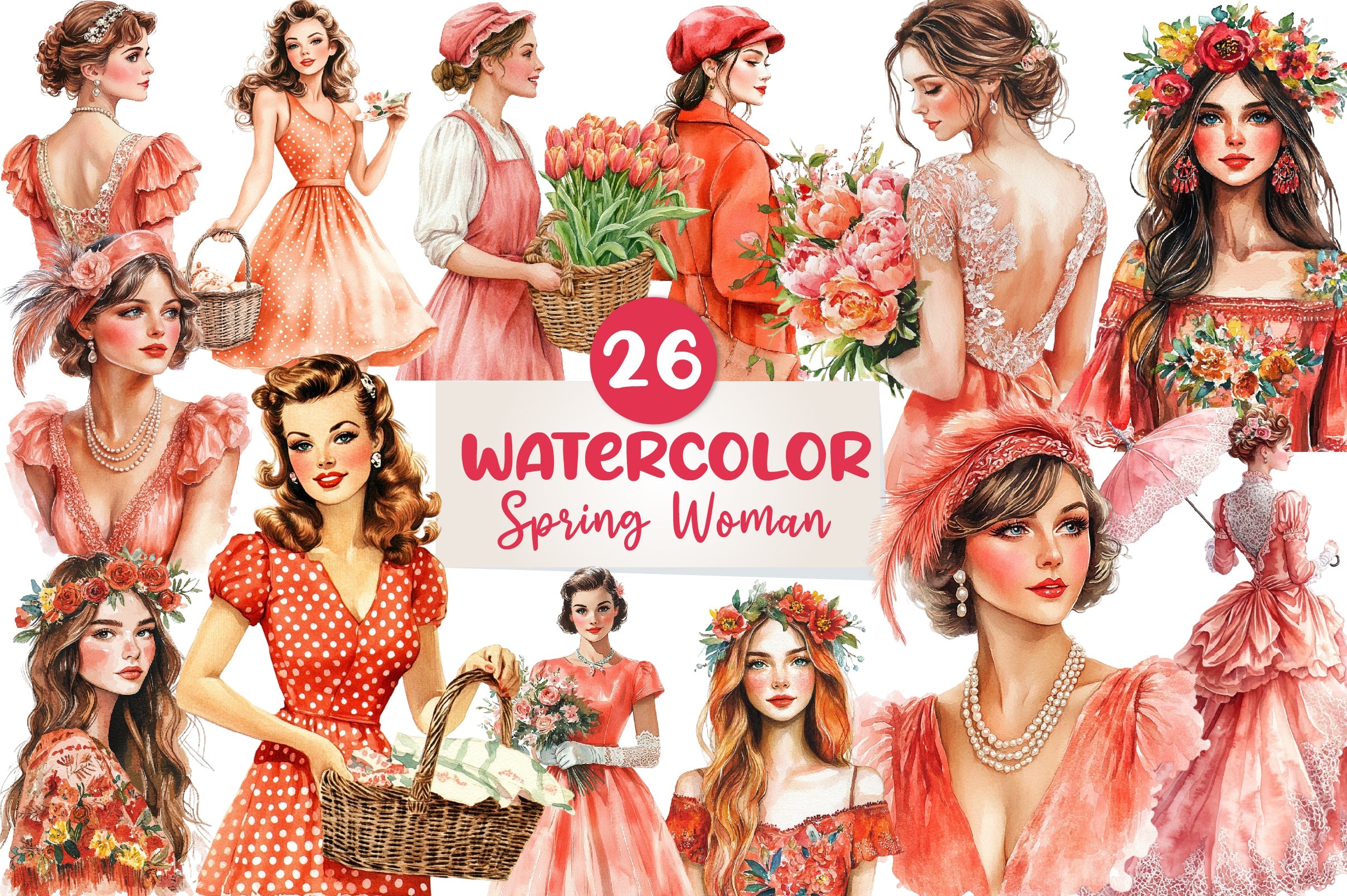 Coral Spring Vintage Woman Clipart Bundle