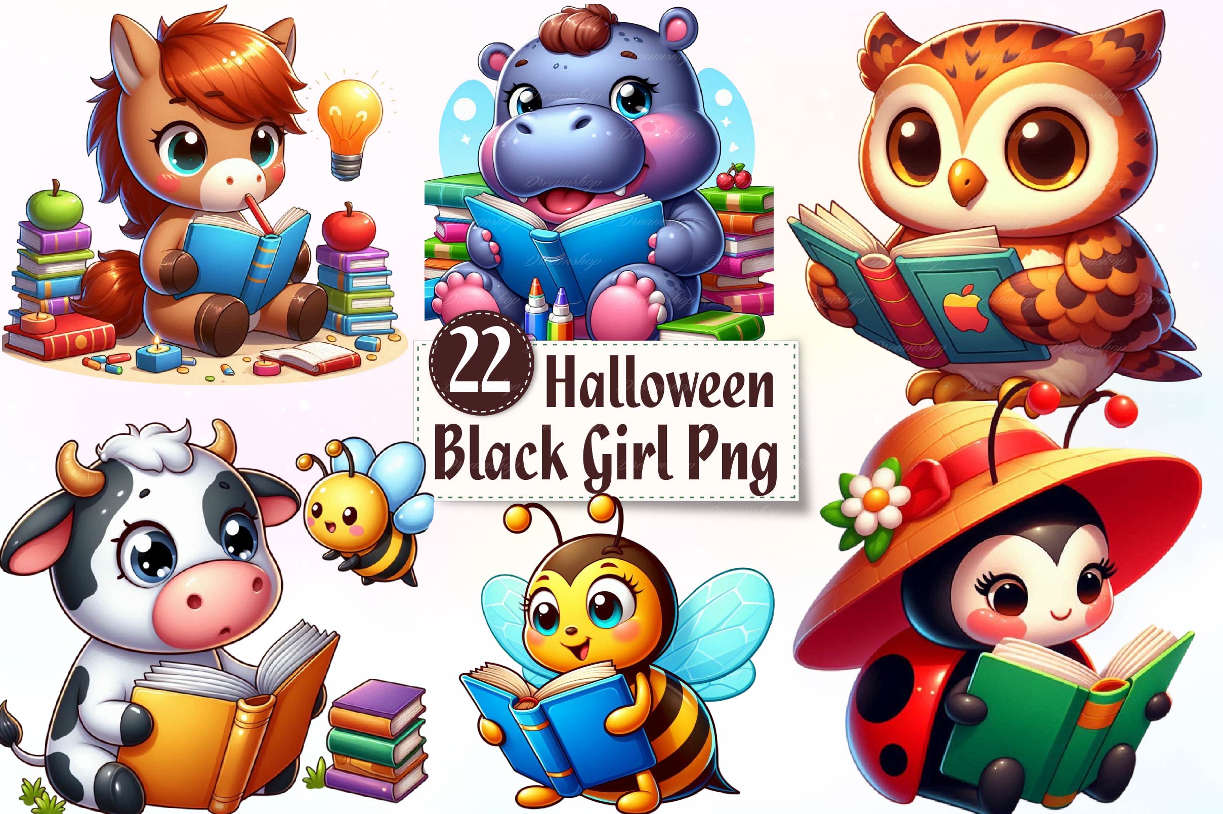 Cute Animals Reading A Book Clipart Bundle