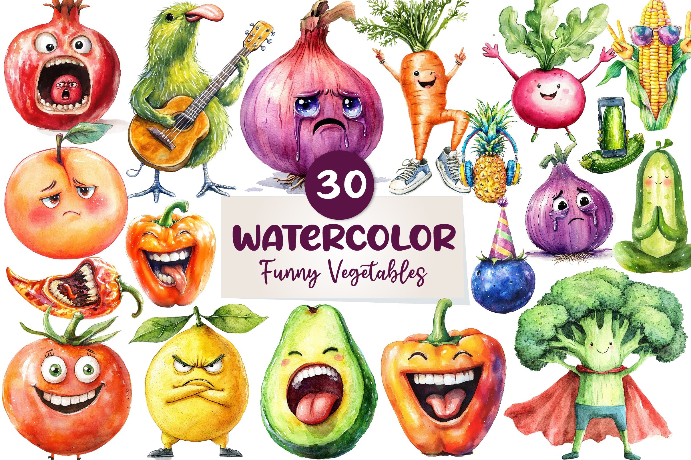 Funny Fruits & Vegetables Clipart Bundle