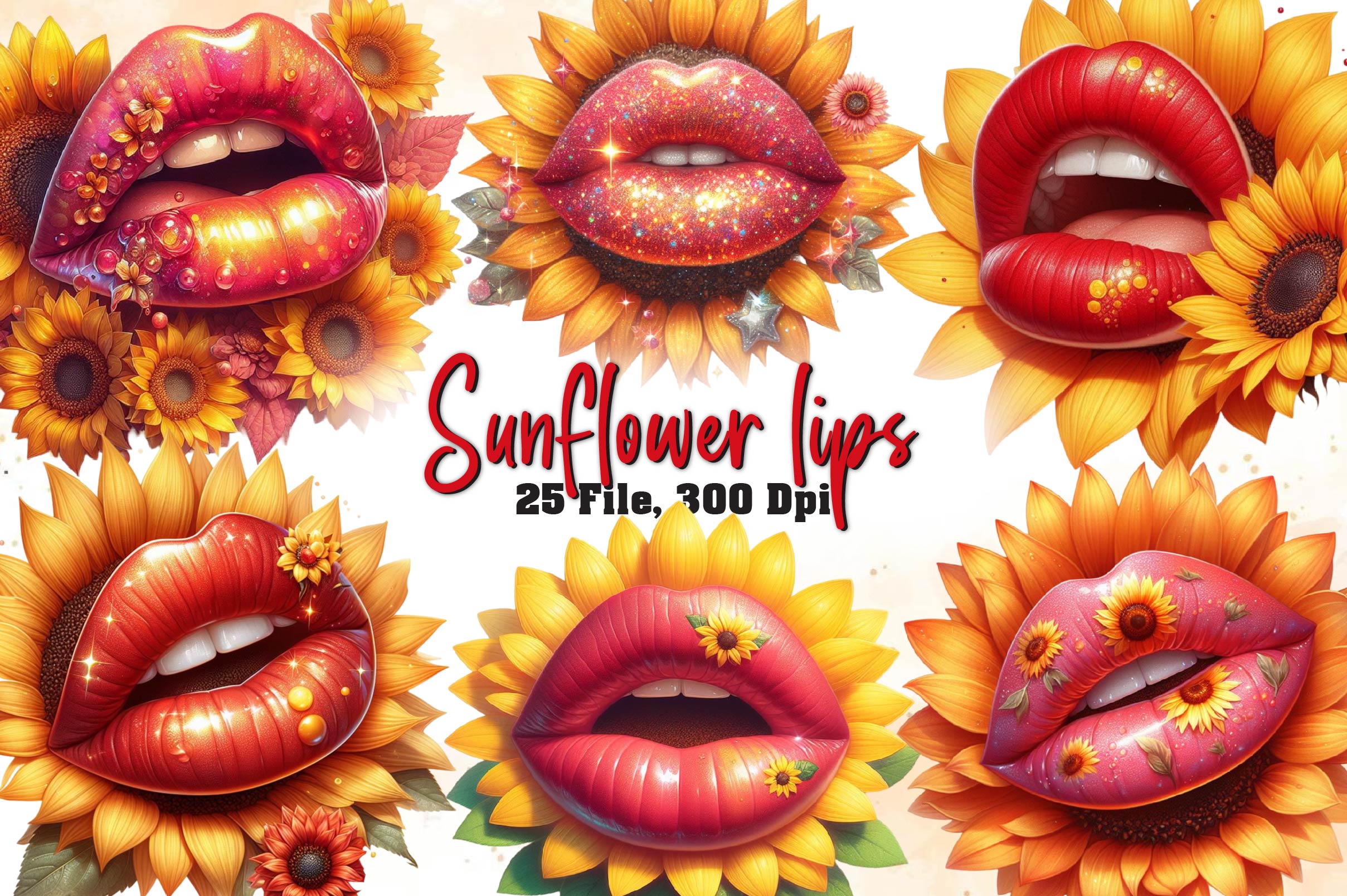 Watercolour Sunflower Lips Clipart Bundle