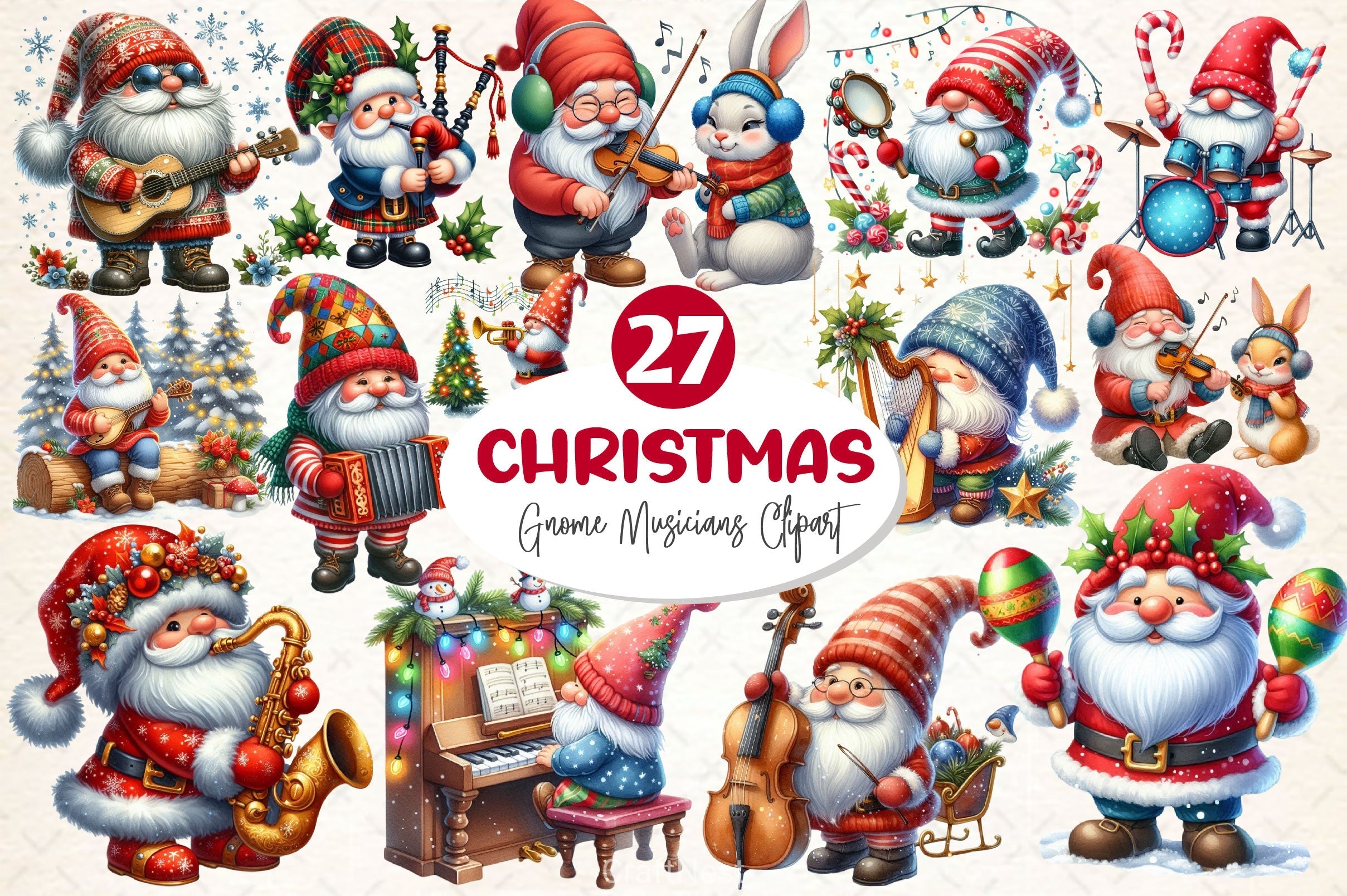 Christmas Gnome Musicians Clipart Bundle 2