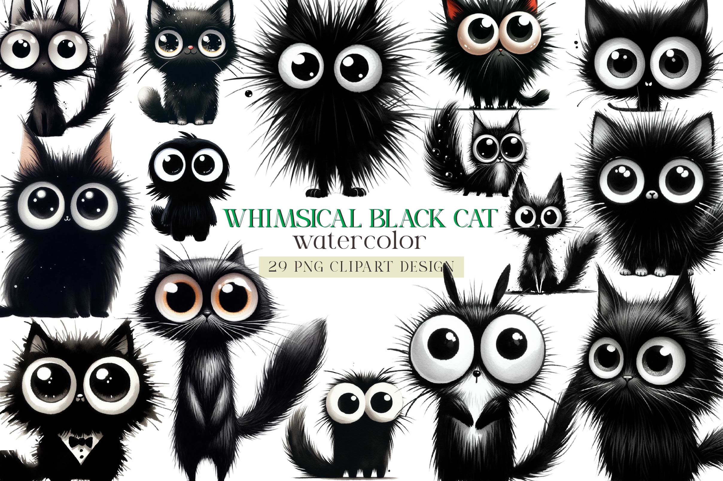 Whimsical Black Cat Clipart Bundle 2