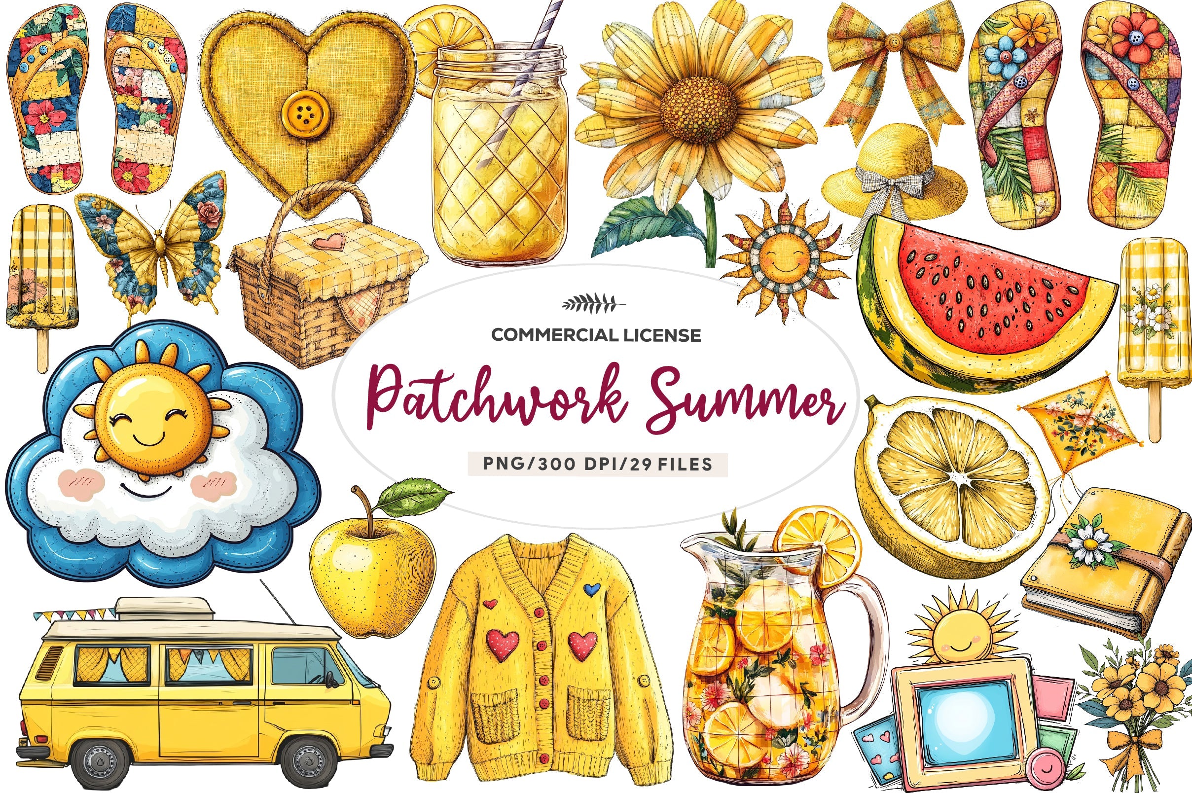 Yellow Patchwork Summer Clipart Bundle
