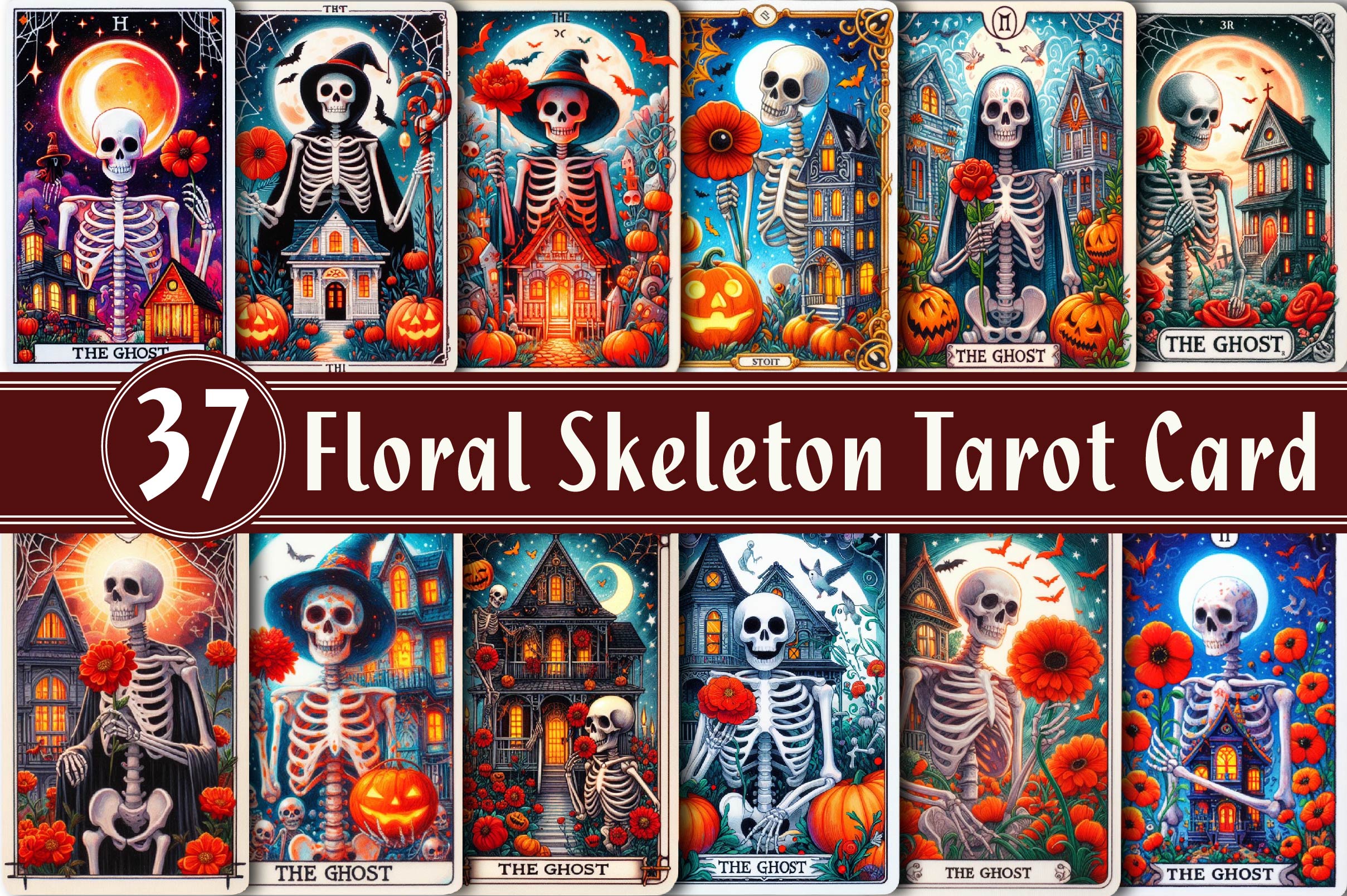 Halloween Floral Skeleton Tarot Card Clipart Bundle
