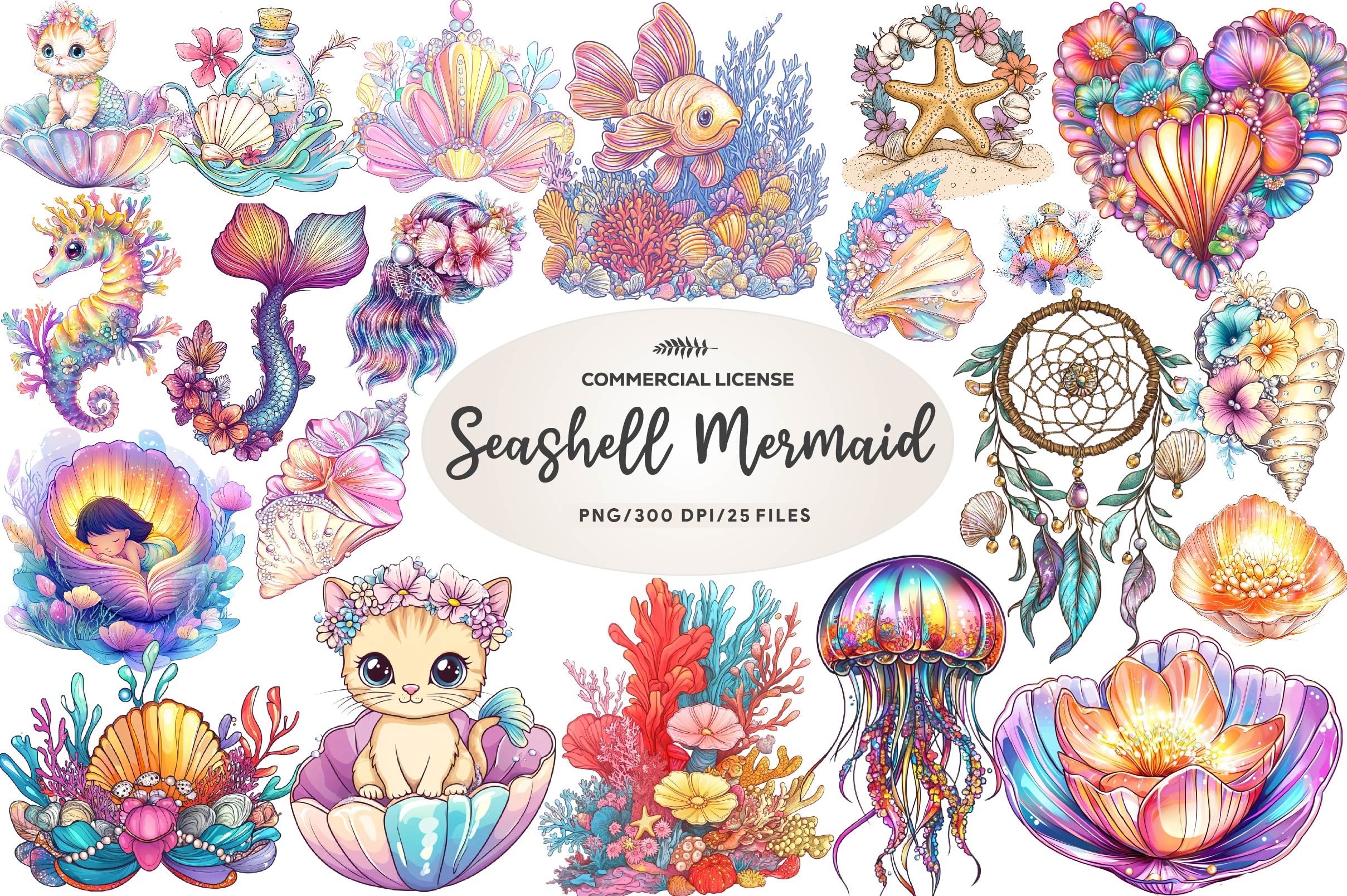 Seashell Mermaid Flower Clipart Bundle