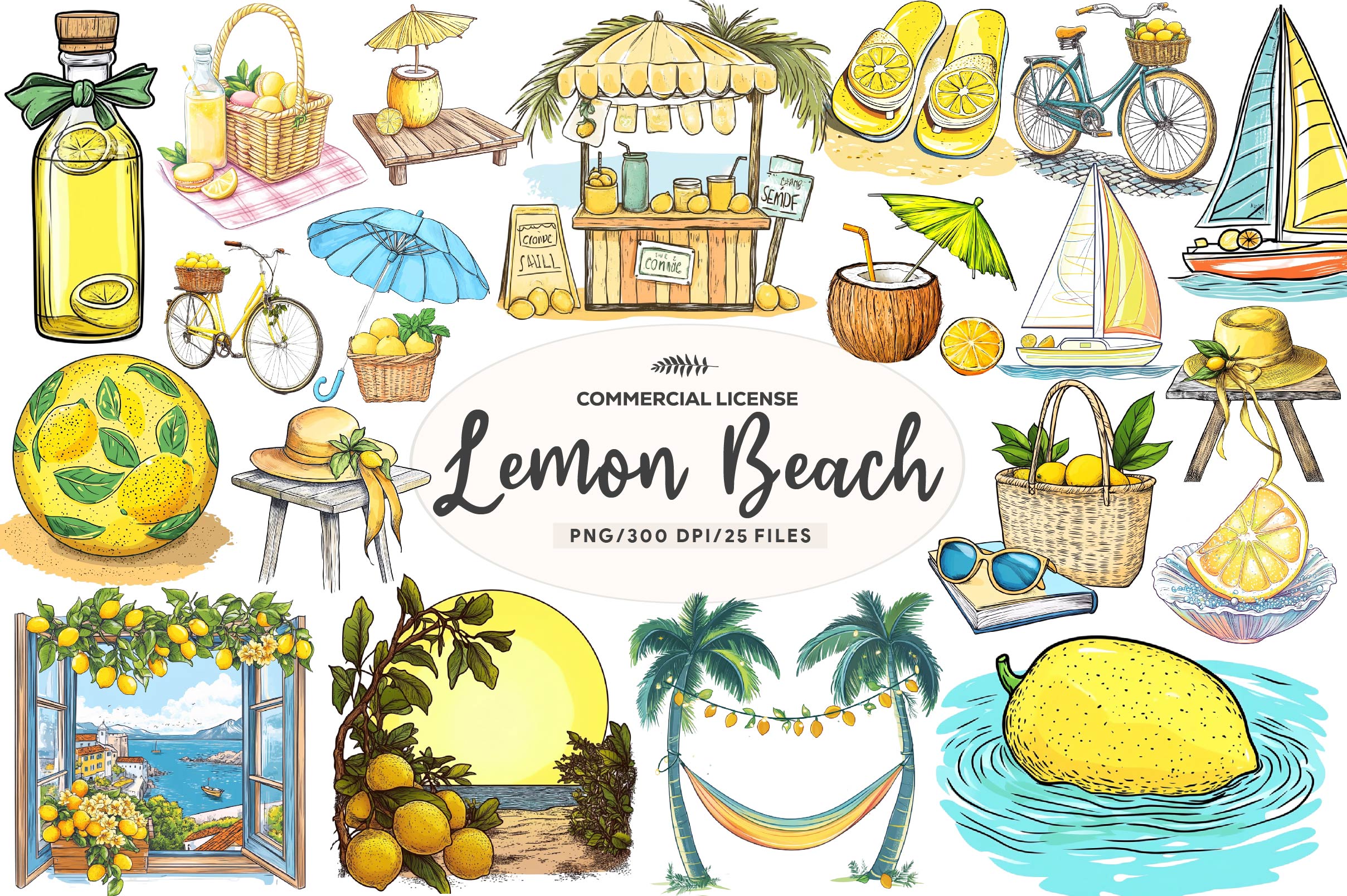 Cute Mediterranean Lemon Beach Clipart Bundle