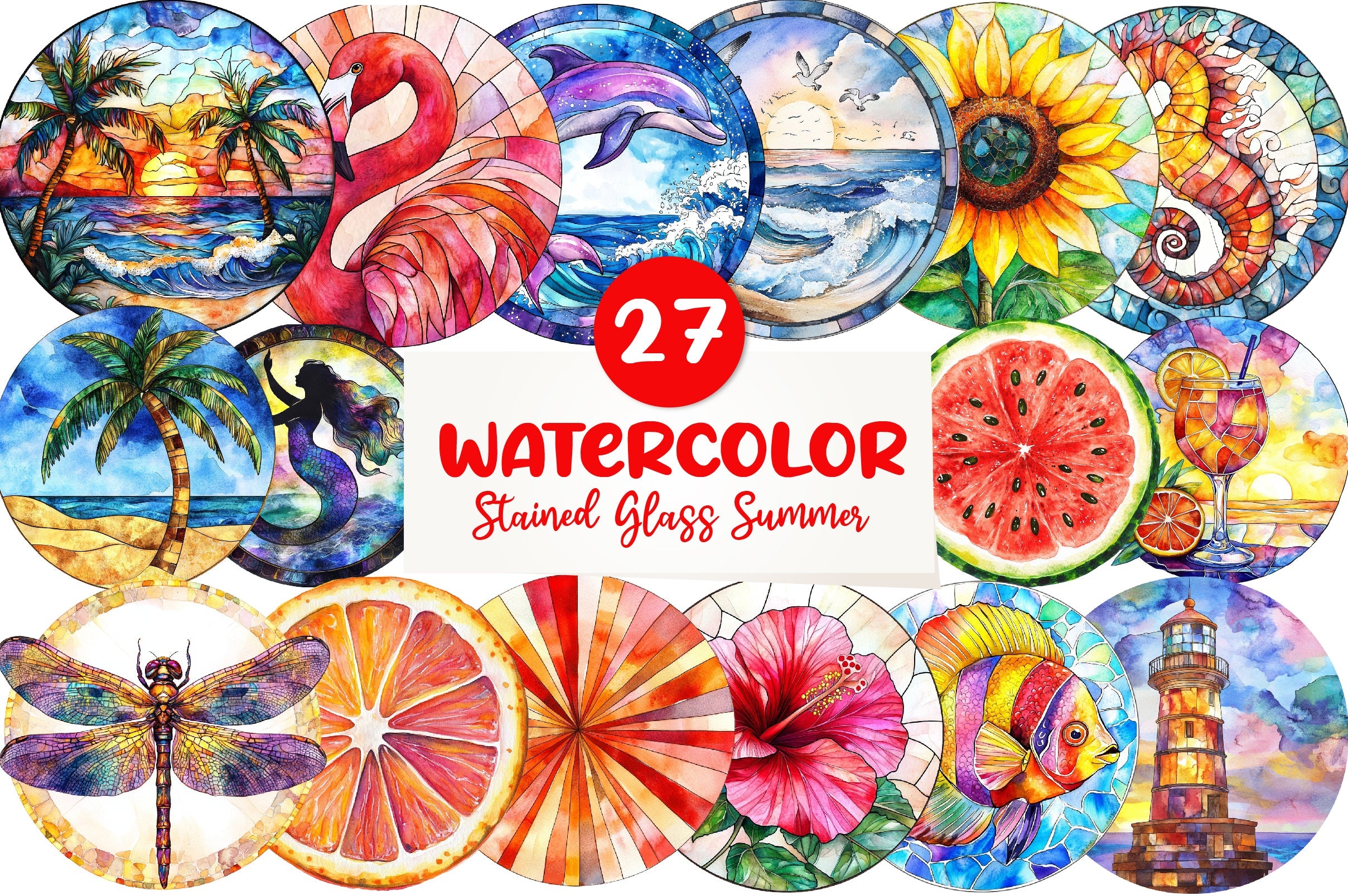 Round Stained Glass Summer Clipart Bundle