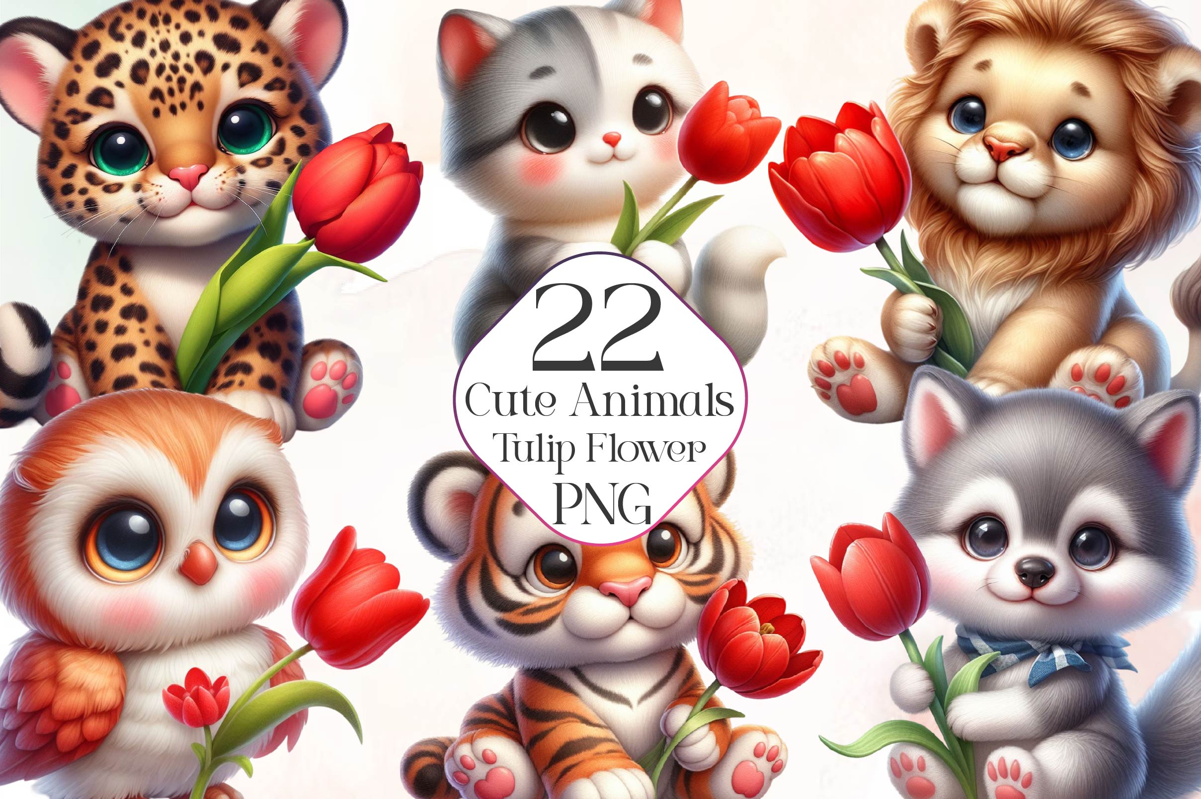 Cute Animals And Tulip Flower Clipart Bundle