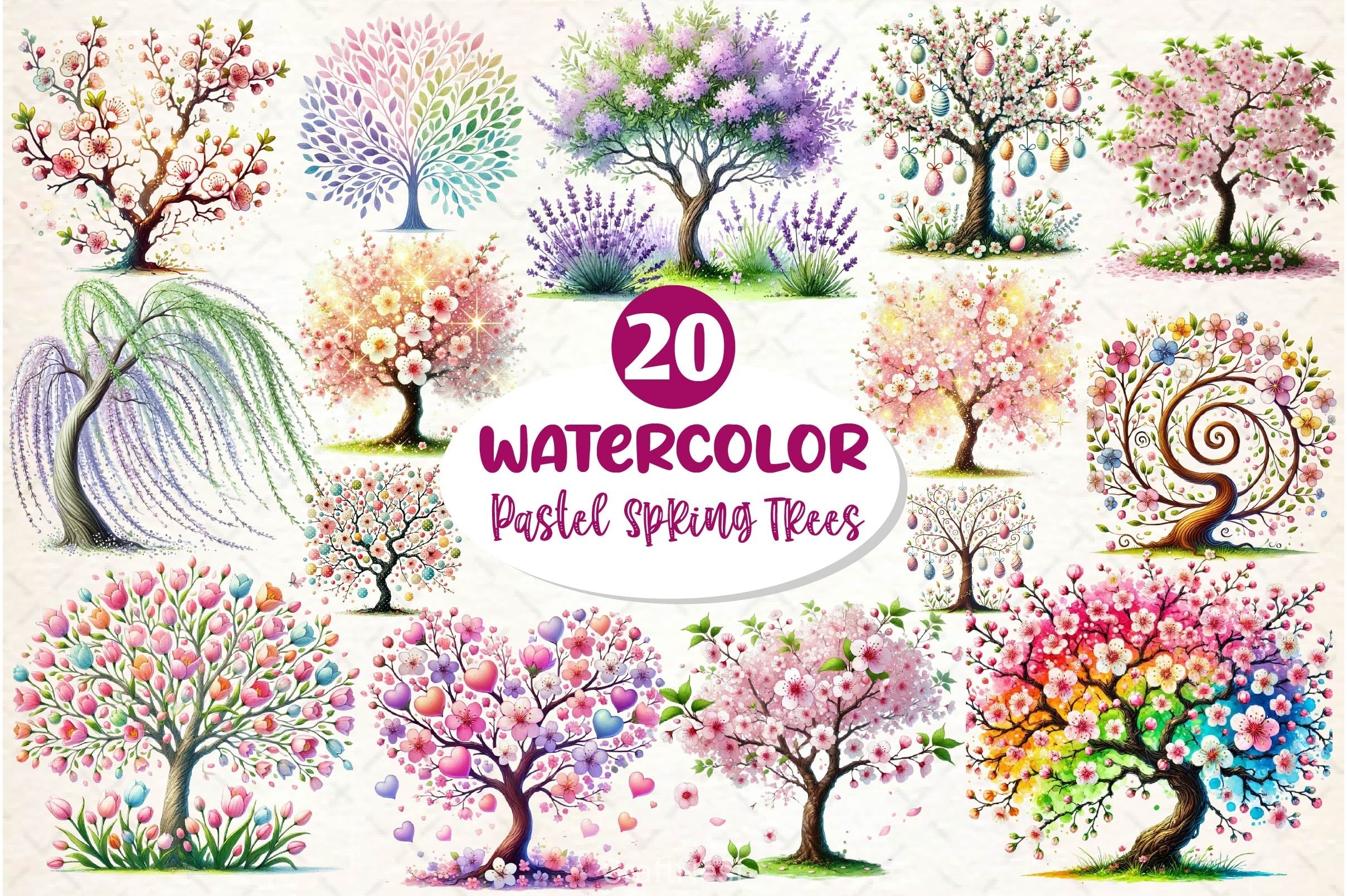 Pastel Spring Trees Clipart Bundle 5