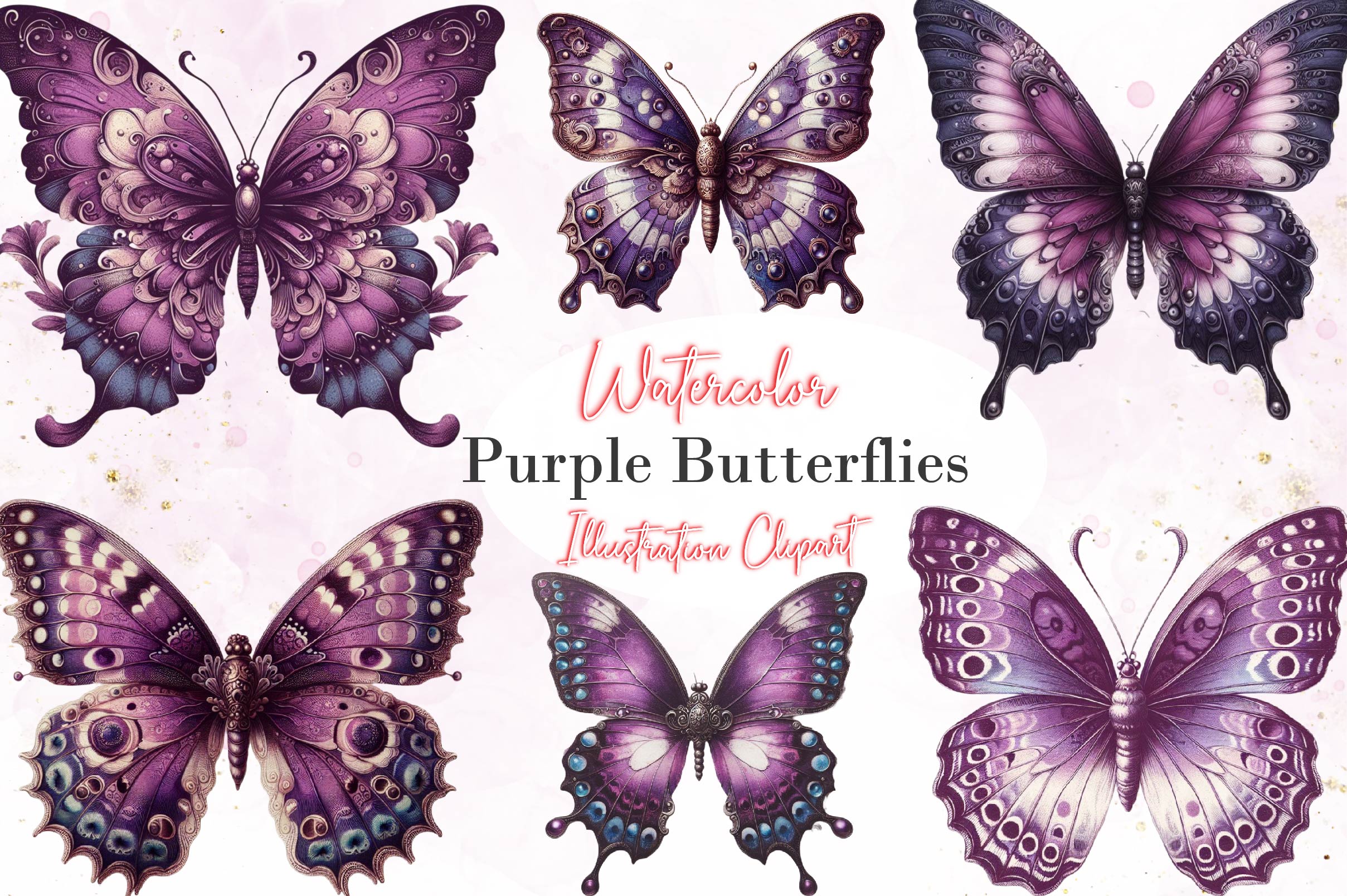 Vintage Purple Butterflies Clipart Bundle