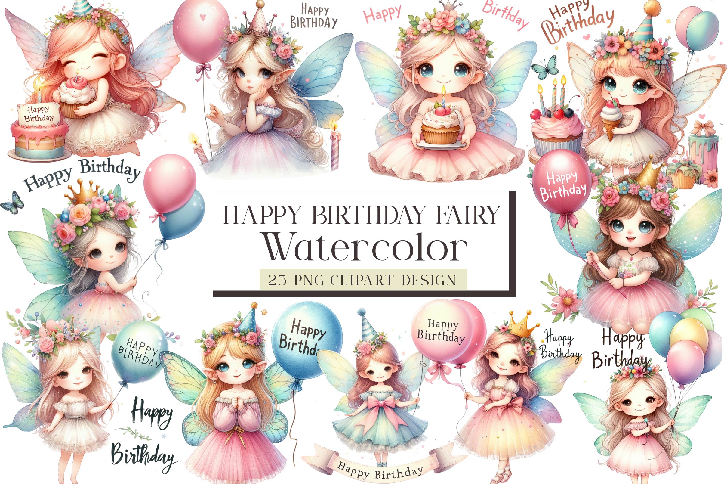 Cute Fairy Happy Birthday Clipart Bundle
