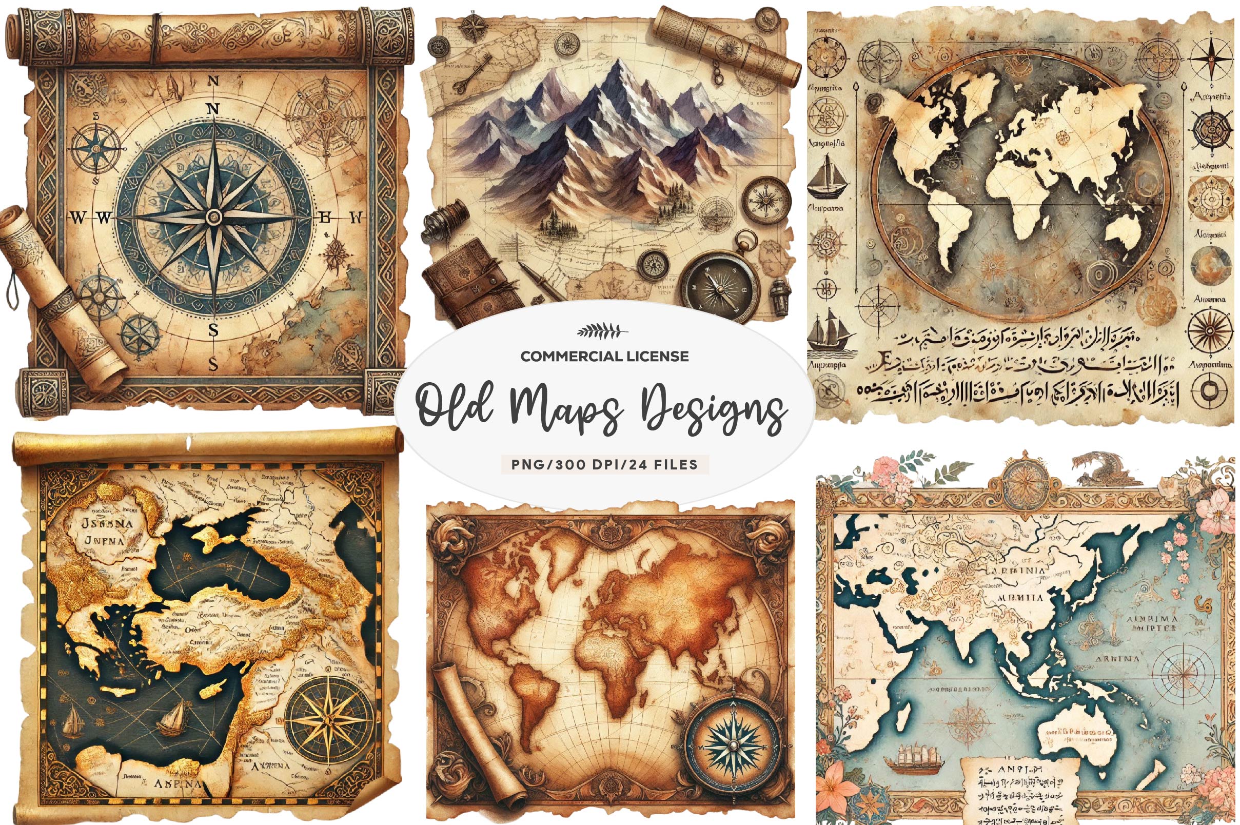 Old Maps Designs Clipart Bundle