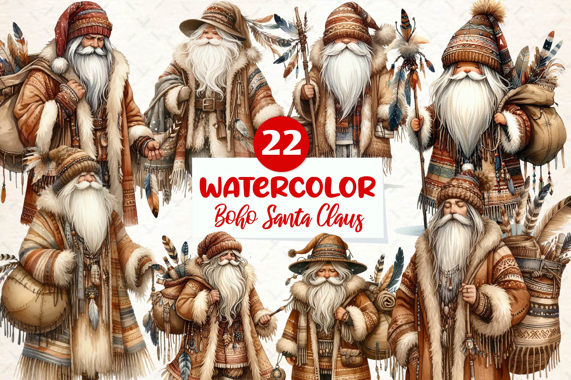 Boho Santa Claus Clipart Bundle