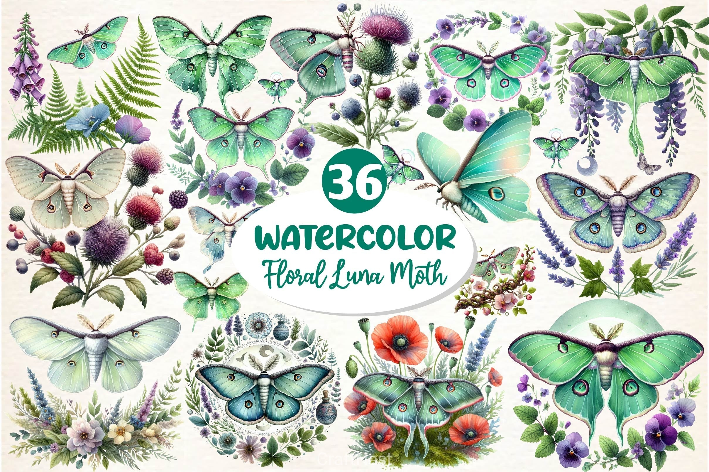 Botanical Floral Luna Moth Clipart Bundle