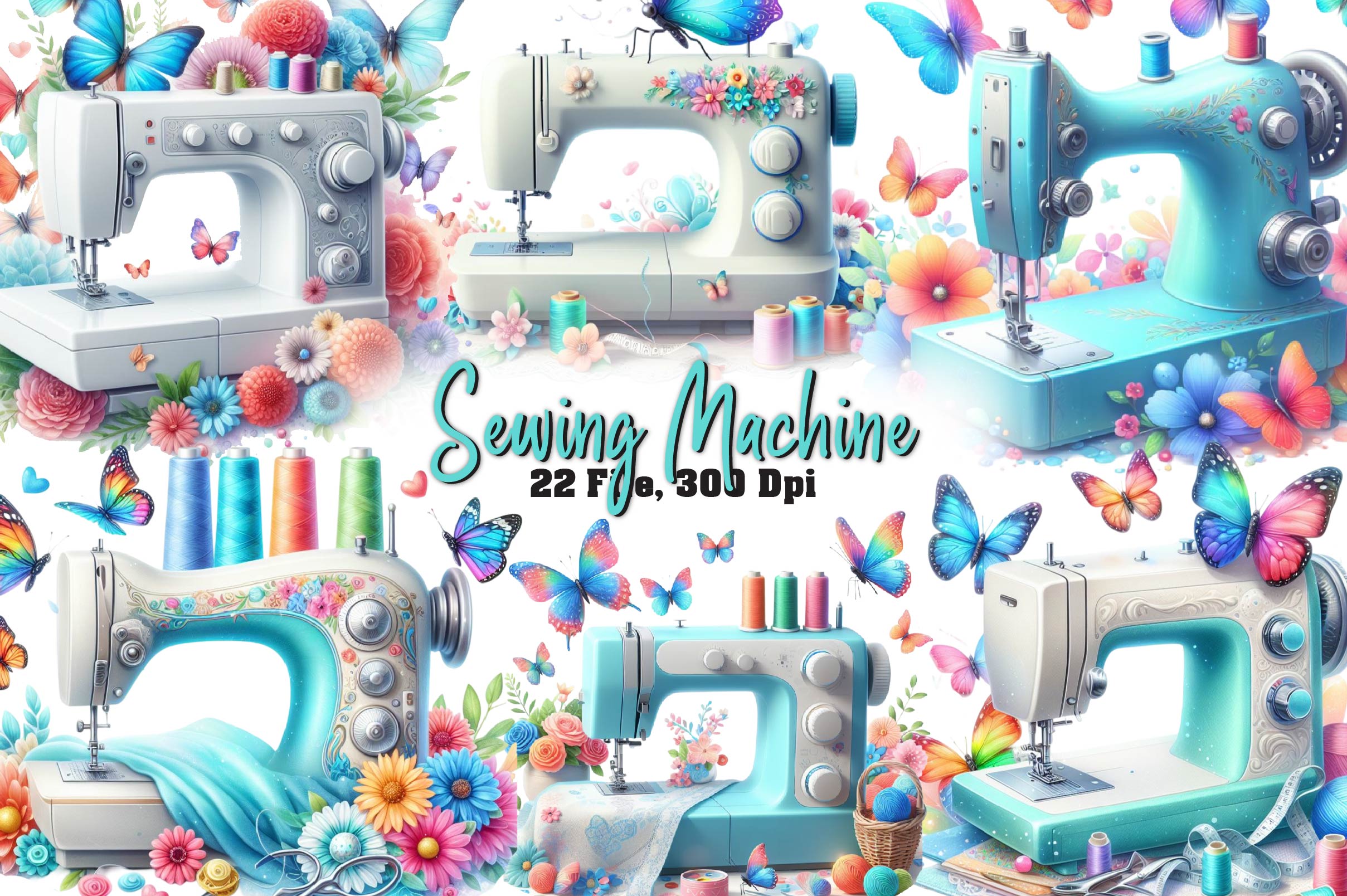 Pastel Sewing Machine Butterfly Clipart Bundle