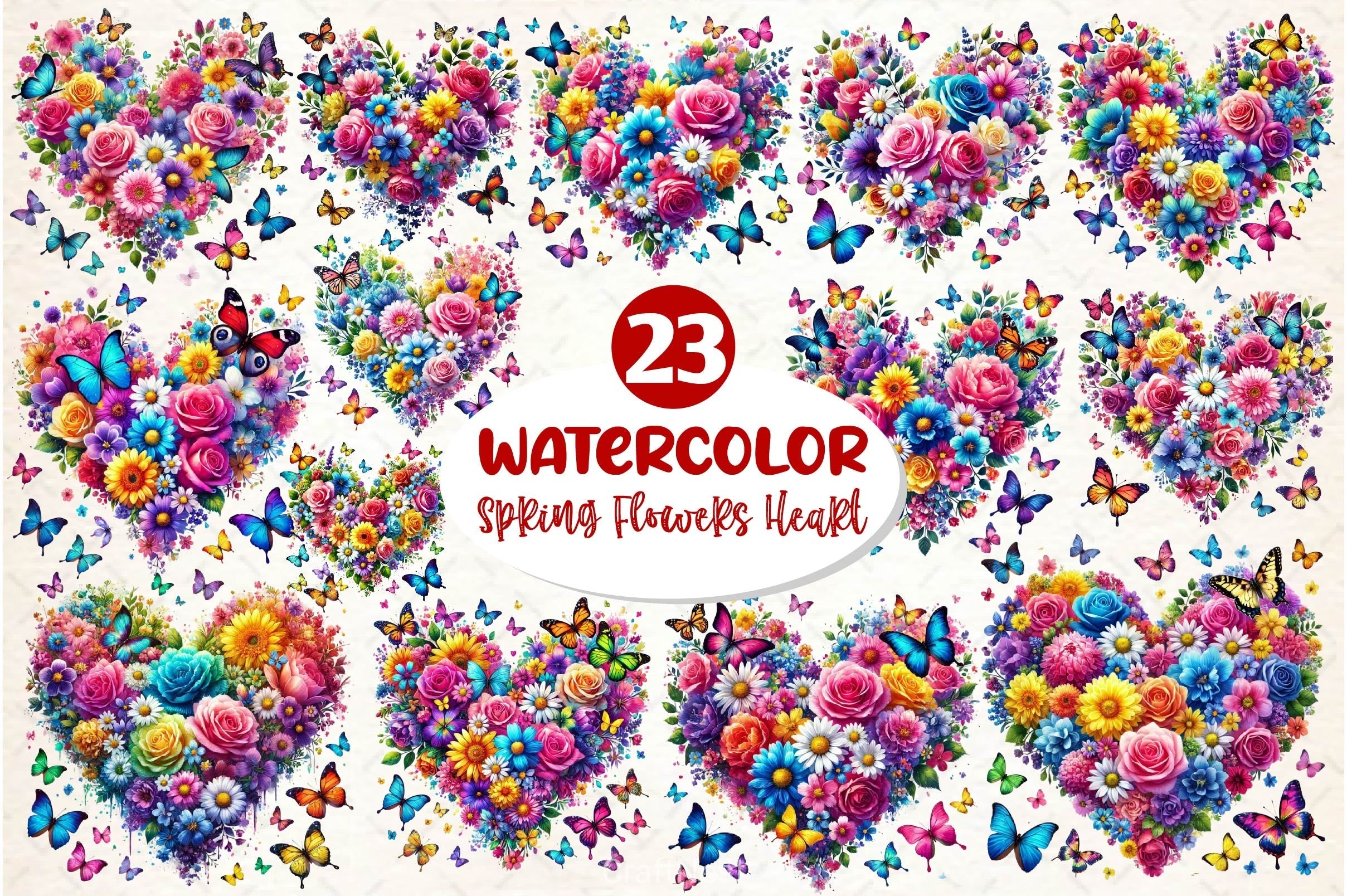 Spring Flowers Heart With Butterflies Clipart Bundle