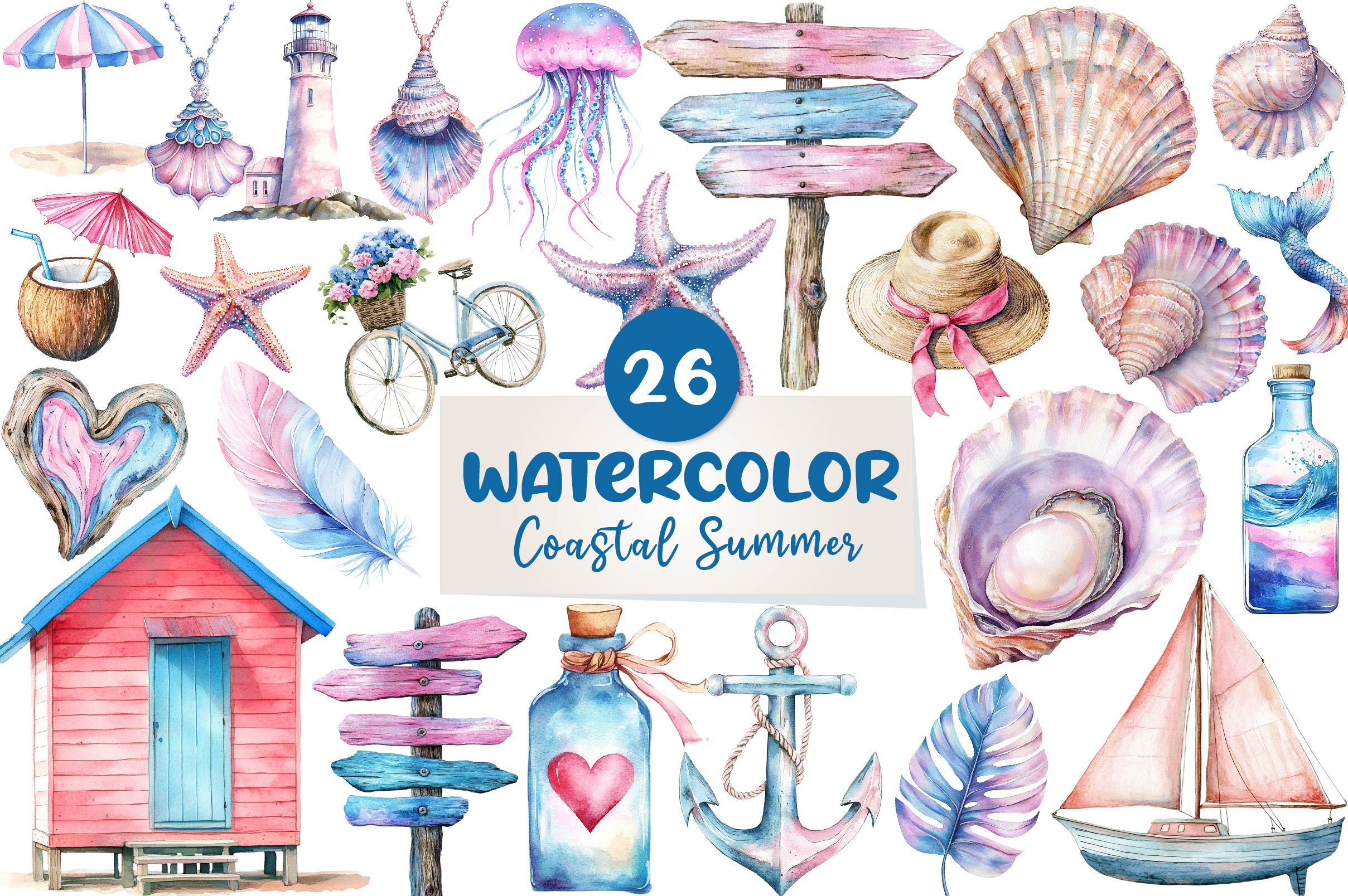 Summer Pink & Blue Coastal Clipart Bundle 1