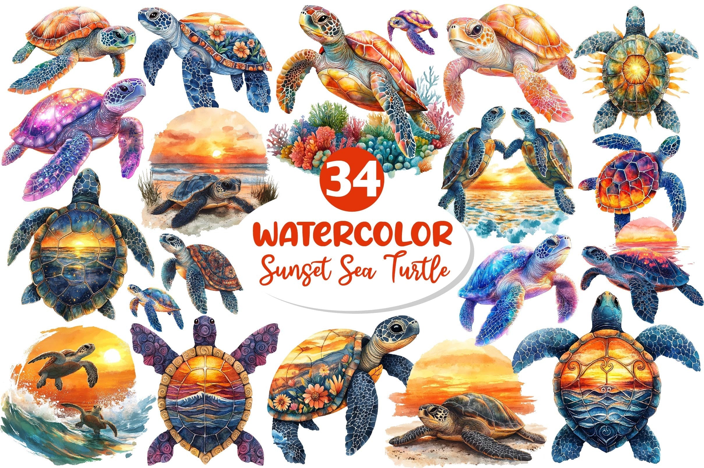 Sunset Sea Turtle Clipart Bundle