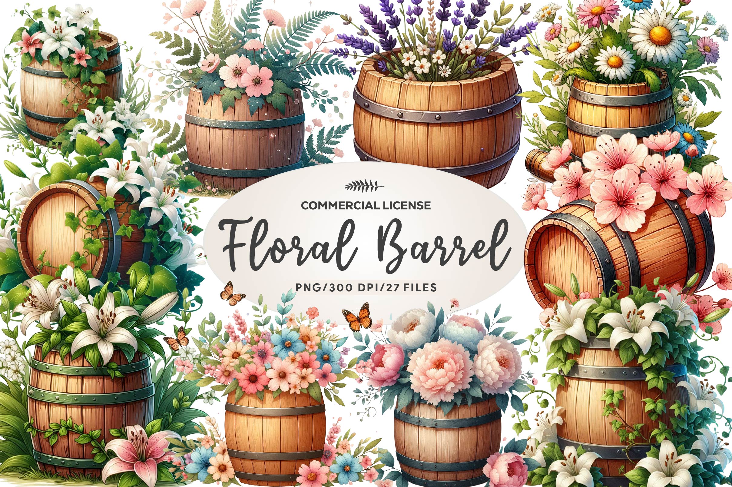 Floral Barrel Clipart Bundle