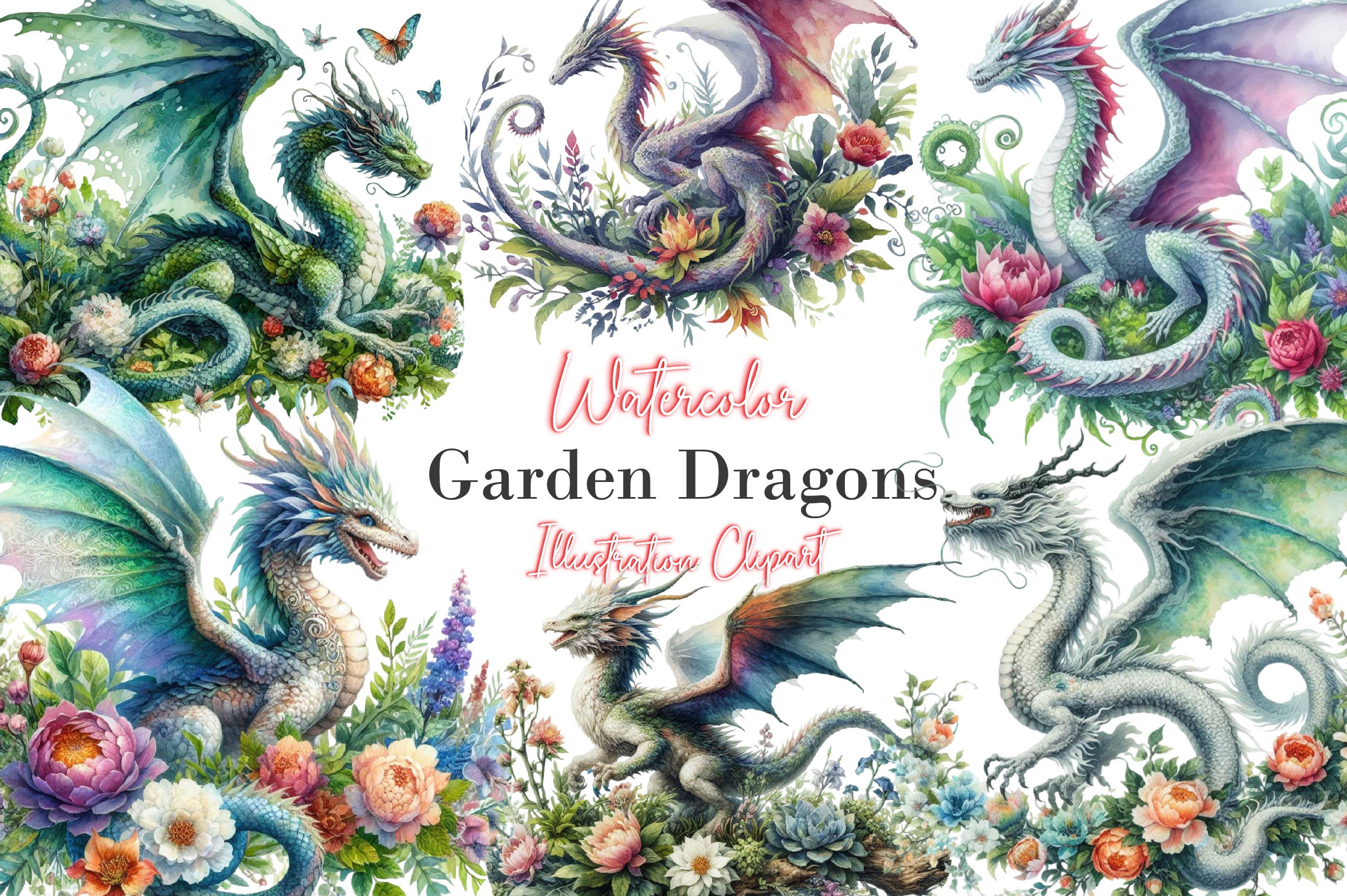 Garden Dragons Clipart Bundle